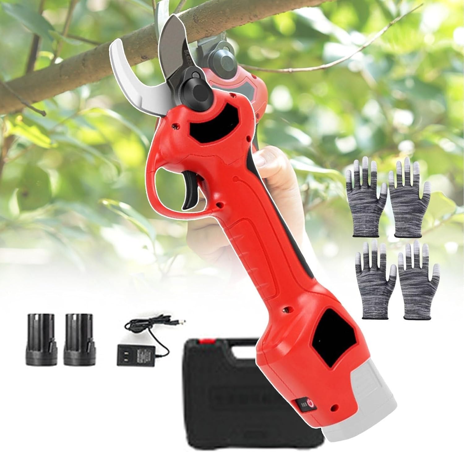 Electric Pruning Shears with 2 Batteries Charger, Portable Tree Branch Pruner for Gardens, Farms, Parks with Toolbox Gloves