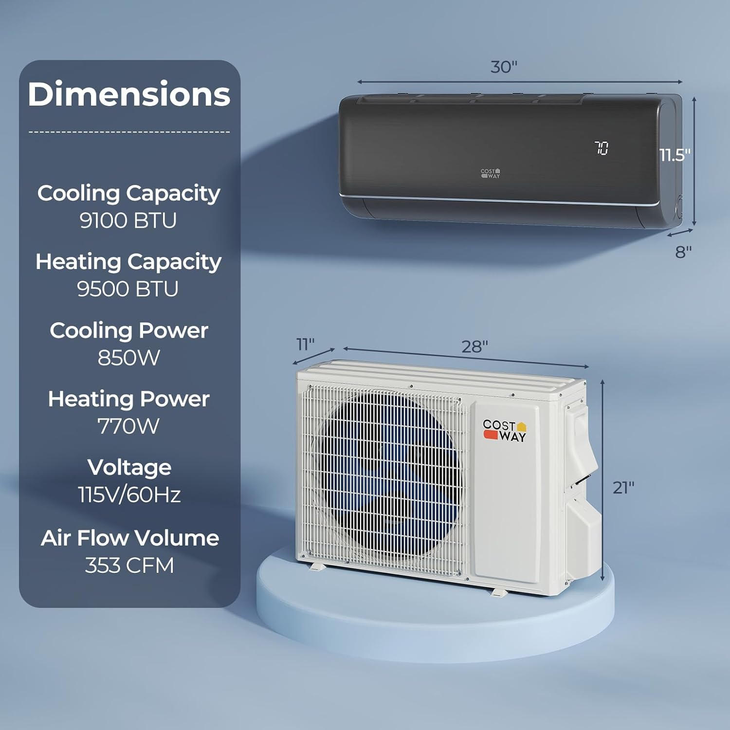 COSTWAY 9100BTU Mini Split Air Conditioner& Heater, 20.5 SEER2 115V Inverter Heater Pump System Cools Up to 450 Sq. Ft, Compatible with Alexa, Installation Kit (9100BTU, 115V, 20.5 SEER2)