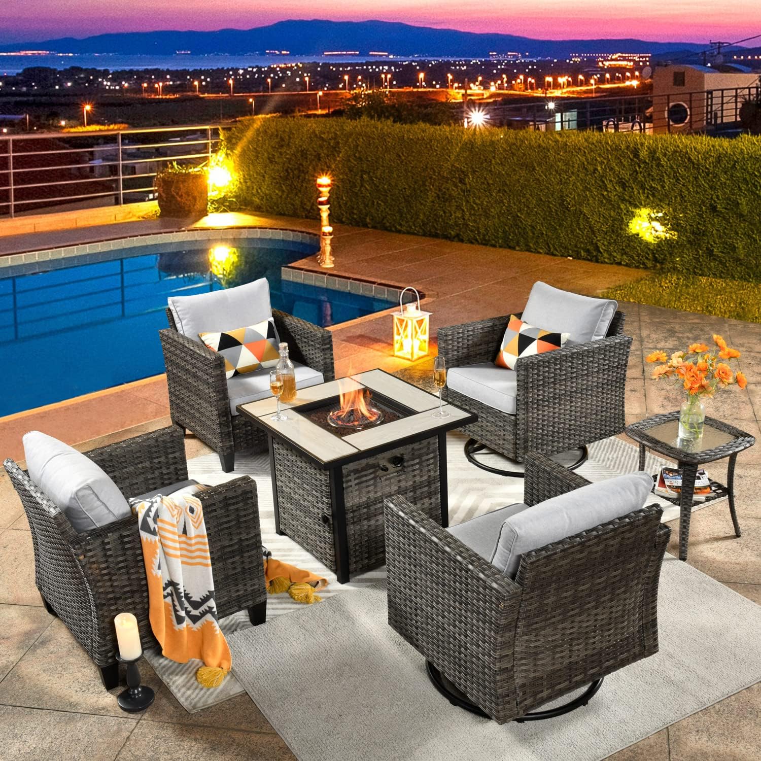 HOOOWOOO Patio Outdoor Conversation Set with Fire Pit Table,Small 6 Pieces Outside Furniture Single Sofa Set with PE Wicker Swivel Rocking Chairs,Gas Fire Pit Table and Coffee Side Table,Gray