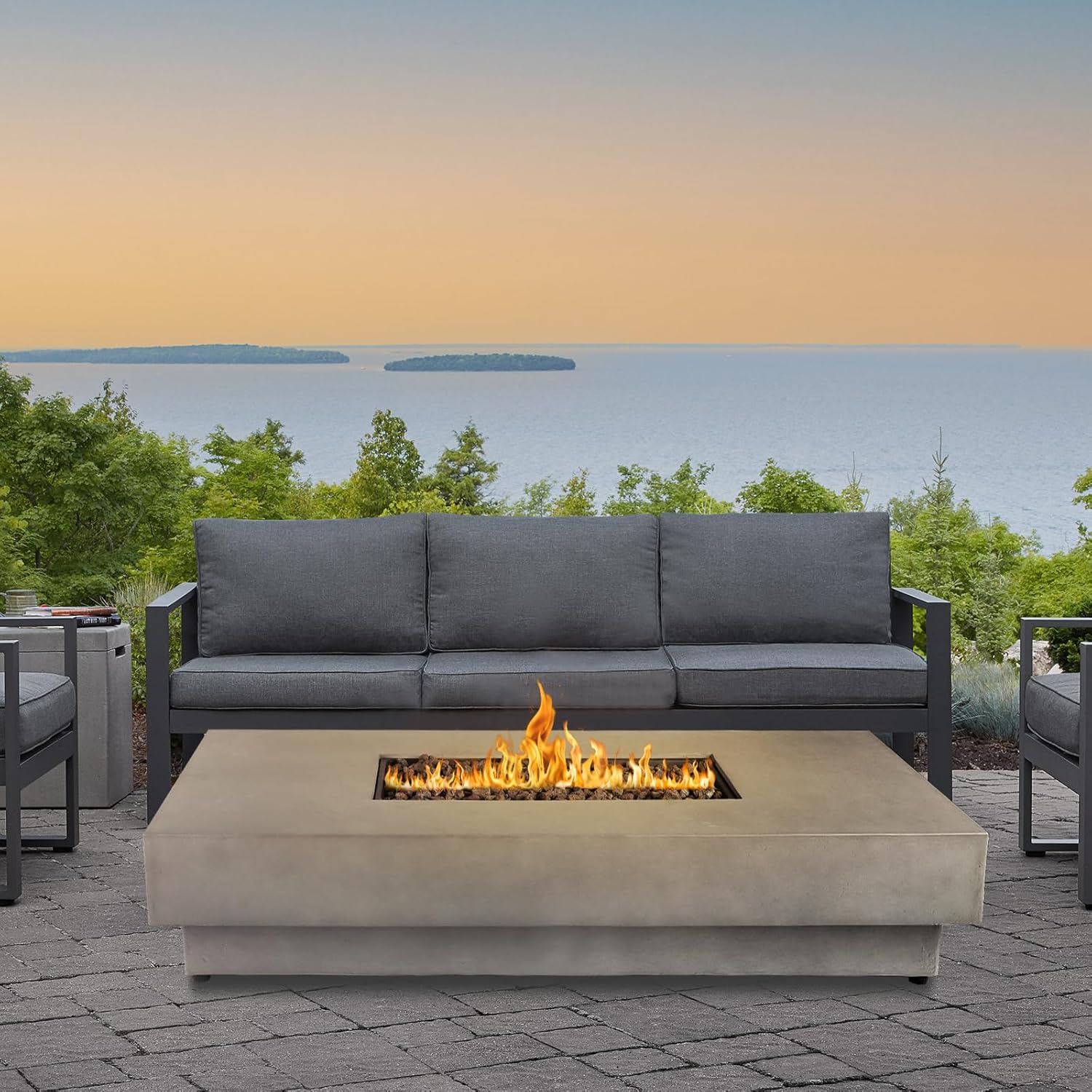 60inch Propane Fire Pit Table Set w Tank Cover Table, Gas FirePit 50,000 BTU Concrete Firepit Rectangular Large Outdoor Fire Pit w Side Table Coffee Table & Fire Pit Glass Wind Guard
