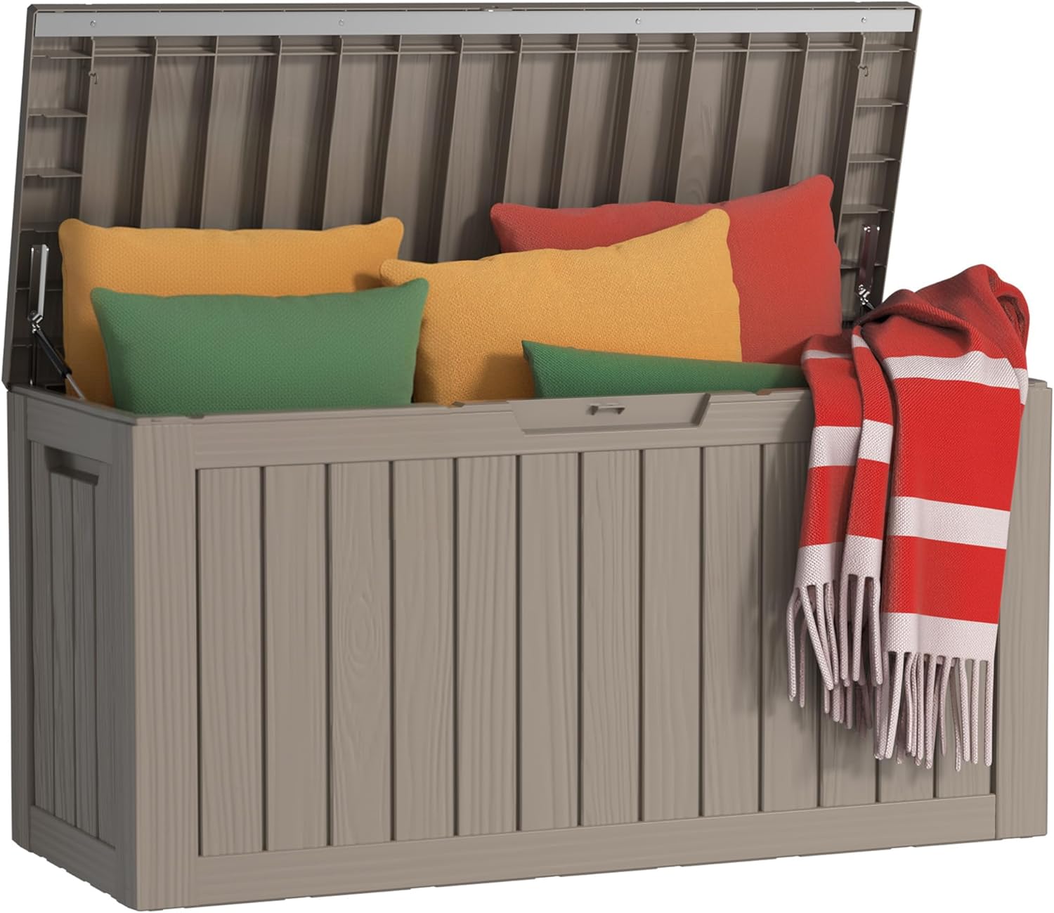 EasyUp 80 Gallon Outdoor Storage Box Waterproof, UV Resistant Resin Deck Box with Hydraulic Rod, Reinforced Stability for Patio, Garden, Striped Gray