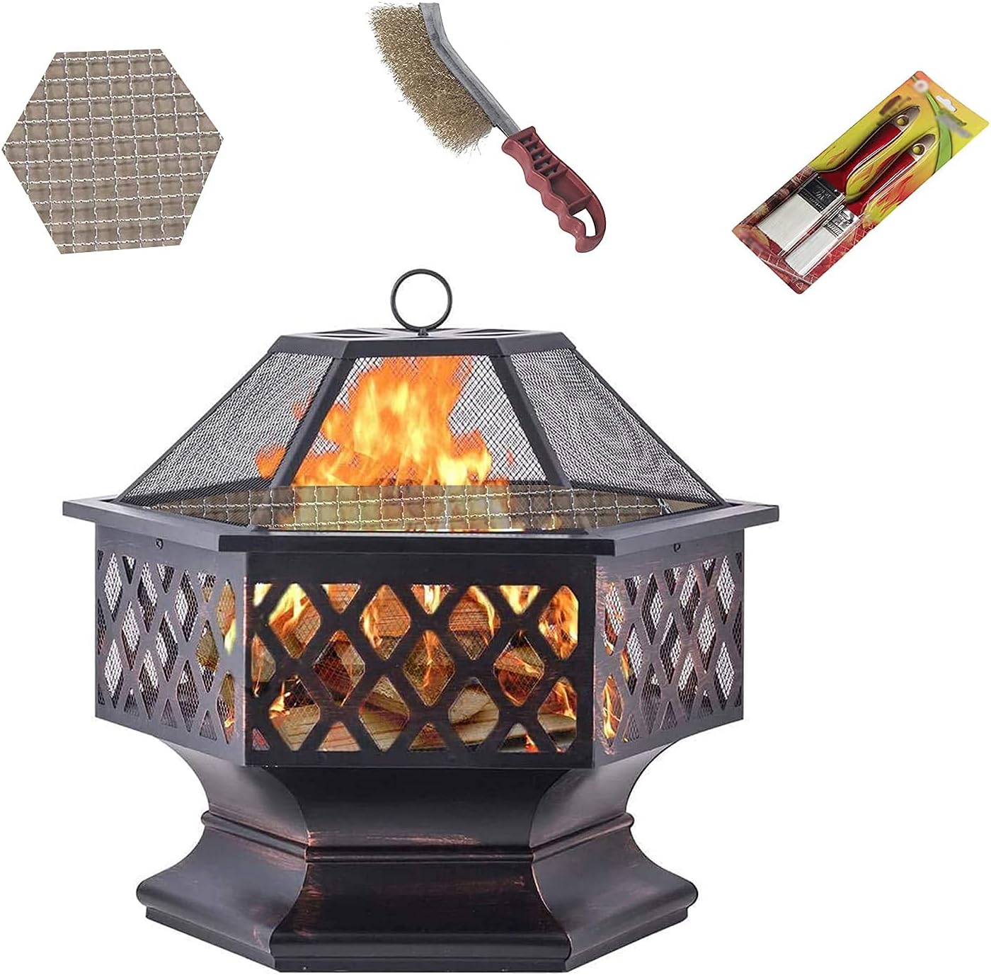 Outdoor Fire Pit Table Wood Burning Grill Bowl 2 in 1 Fireplace for Bonfire Barbecue in The Wild with Grill Grate with Spark Screen/Fireplace Poker