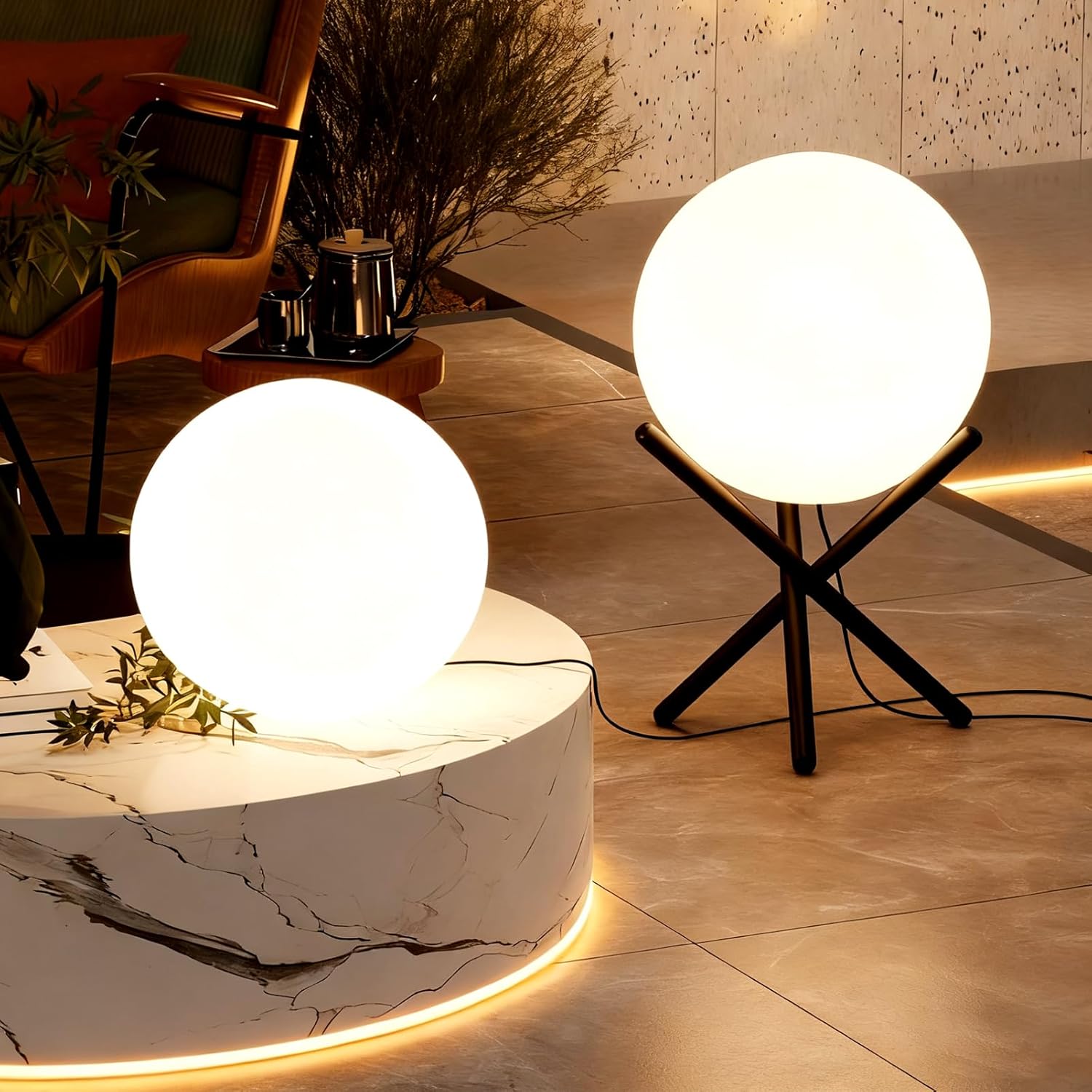 Lightdot Outdoor Floor Lamp, 12-Inch LED Ball Light with Milky White Waterproof Shade - 10W 3000K Corn Globe Floor Lamps with Stable Black Tripod Base, for Patio Garden Living Room, Bedroom, Plug&Play