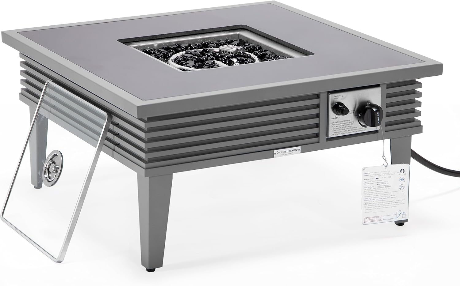 LeisureMod Walbrooke Modern Outdoor Square Fire Pit Table with Powder-Coated Aluminum Frame and Slats Design for Patio and Backyard Garden, Grey