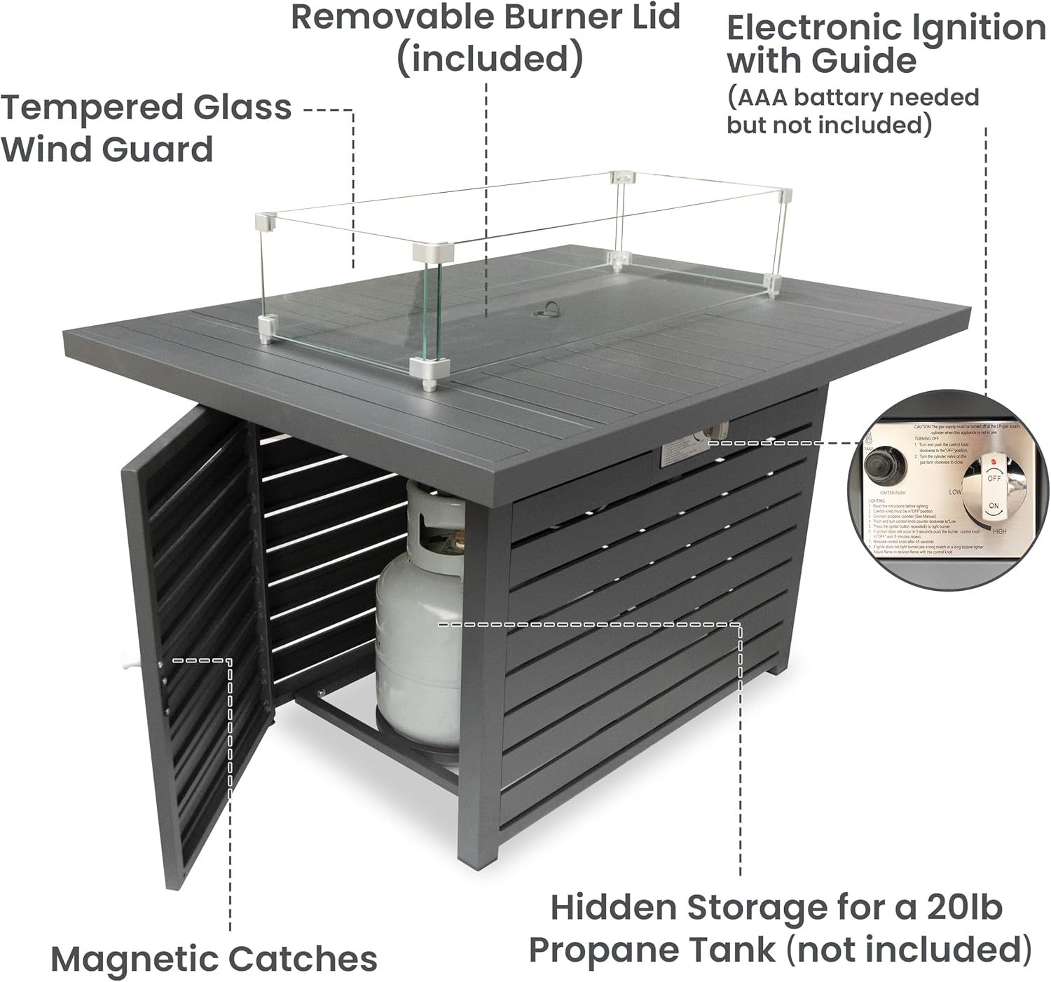 Rectangle Propane Fire Pit Table: 43'' Patio Gas Fire Table 50000 BTU - Rustproof Aluminum Tabletop Firepit Wind Guard Glass Beads - Outdoor Heating for Dining Party Garden Deck - Dark Gray