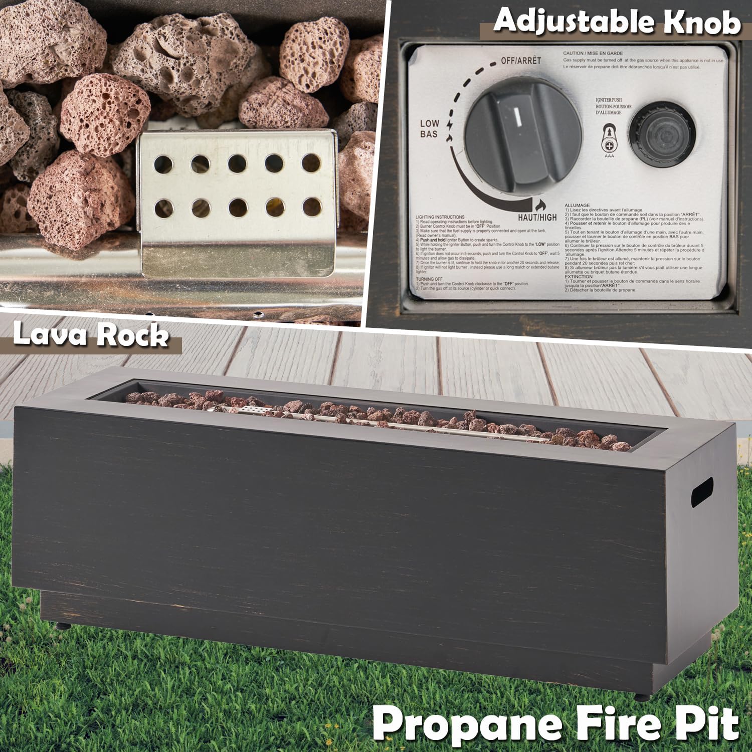 48“ Outdoor Propane Fire Pit, 50,000 BTU Rectangular Iron Gas Fire Pit, Modern Patio Firepit Table Waterproof Outside Metal Heater Fireplace for Deck Backyard Garden