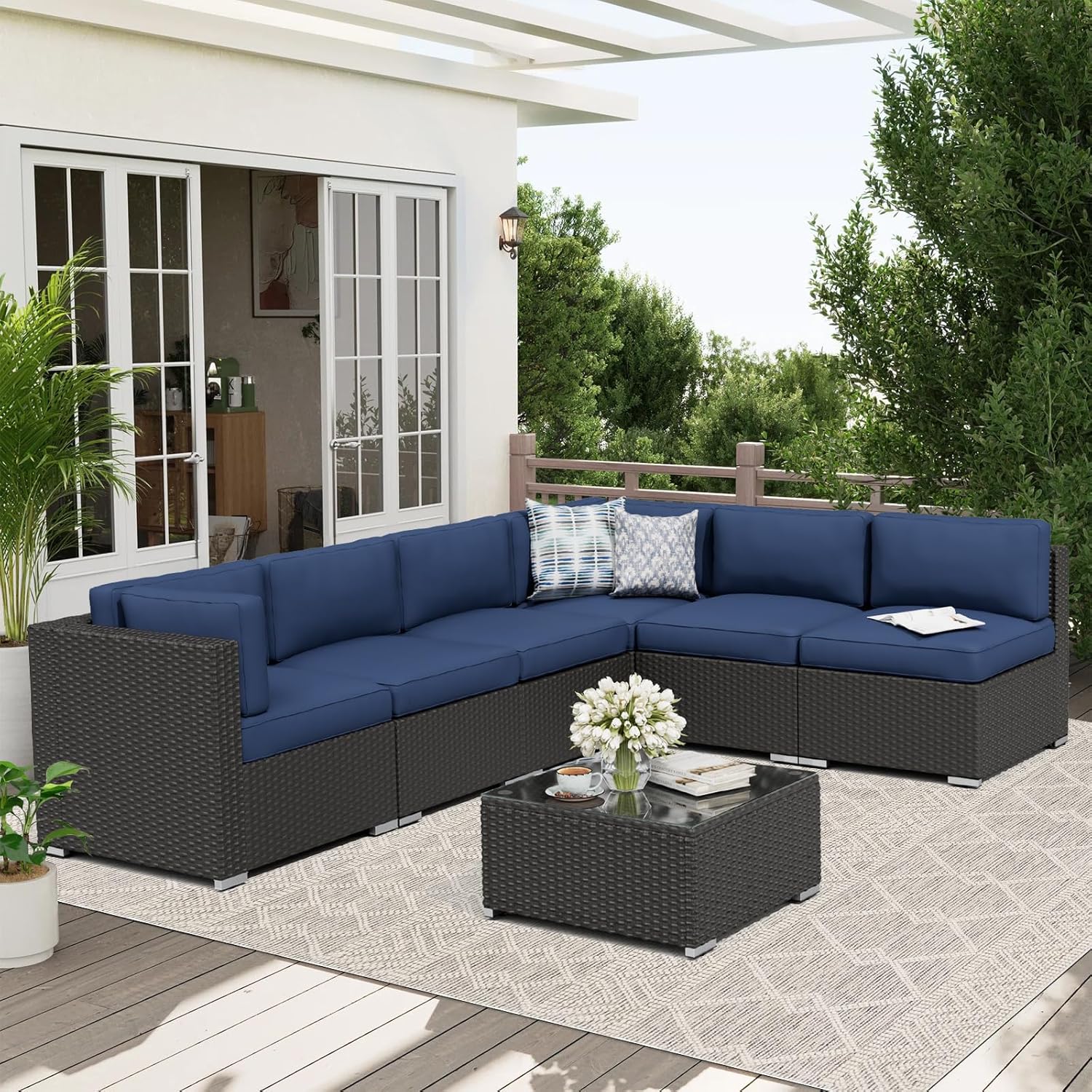 Oakcloud 7-Piece Outdoor Patio Furniture Sofa Set Black Rattan Wicker Sectional Conversation Sets with Glass Top Table and Cushions(Dark Blue)