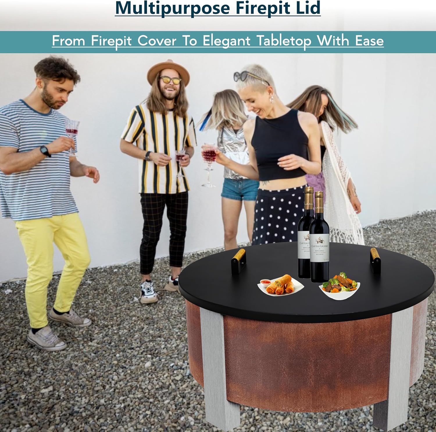 35” Fire Pit Cover Lid Round - Fit for 34.5 Round Fire Pit Lid for Outdoor Fireplace Cover Lid Steel fire Pit Metal Cover W/ 2 Wooden Handles & Heat Resistant Snuffer Lid for Patio Fire Pit Ring