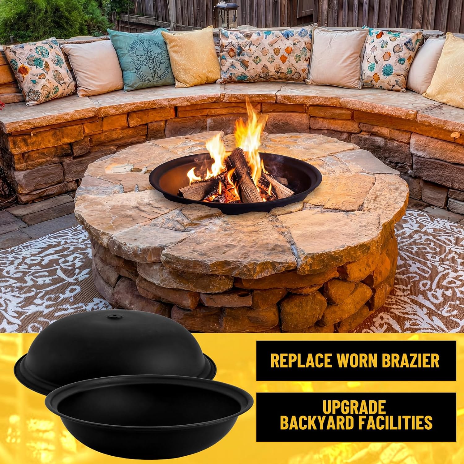 Maxdot 2 Pcs 23 Inch Outdoor Fire Pit Bowl Replacement Insert, Carbon Steel Wood Burning Fire Bowl Fits Existing Stand or Custom Firepit for Outside Backyard, Porch, Deck, Camping, BBQ Gatherings