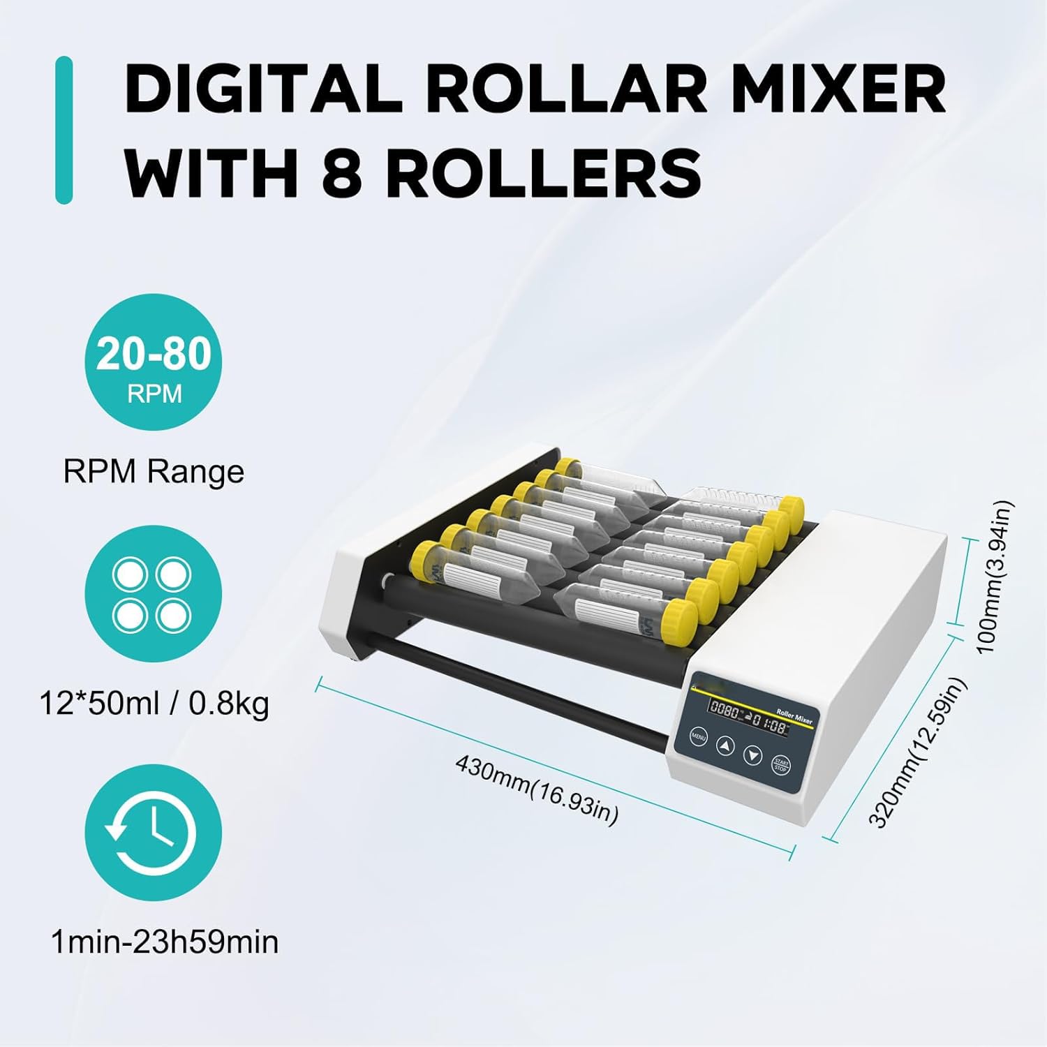Lab Roller Mixing Machine, Lab Orbital Shaker Mixer(20-80rpm), Drum: 6/8 Rollers(Length:28CM), with Continuous/Timer Mode, High/Low Axis, for 6-34 MM Centrifuge Tubes,6pro
