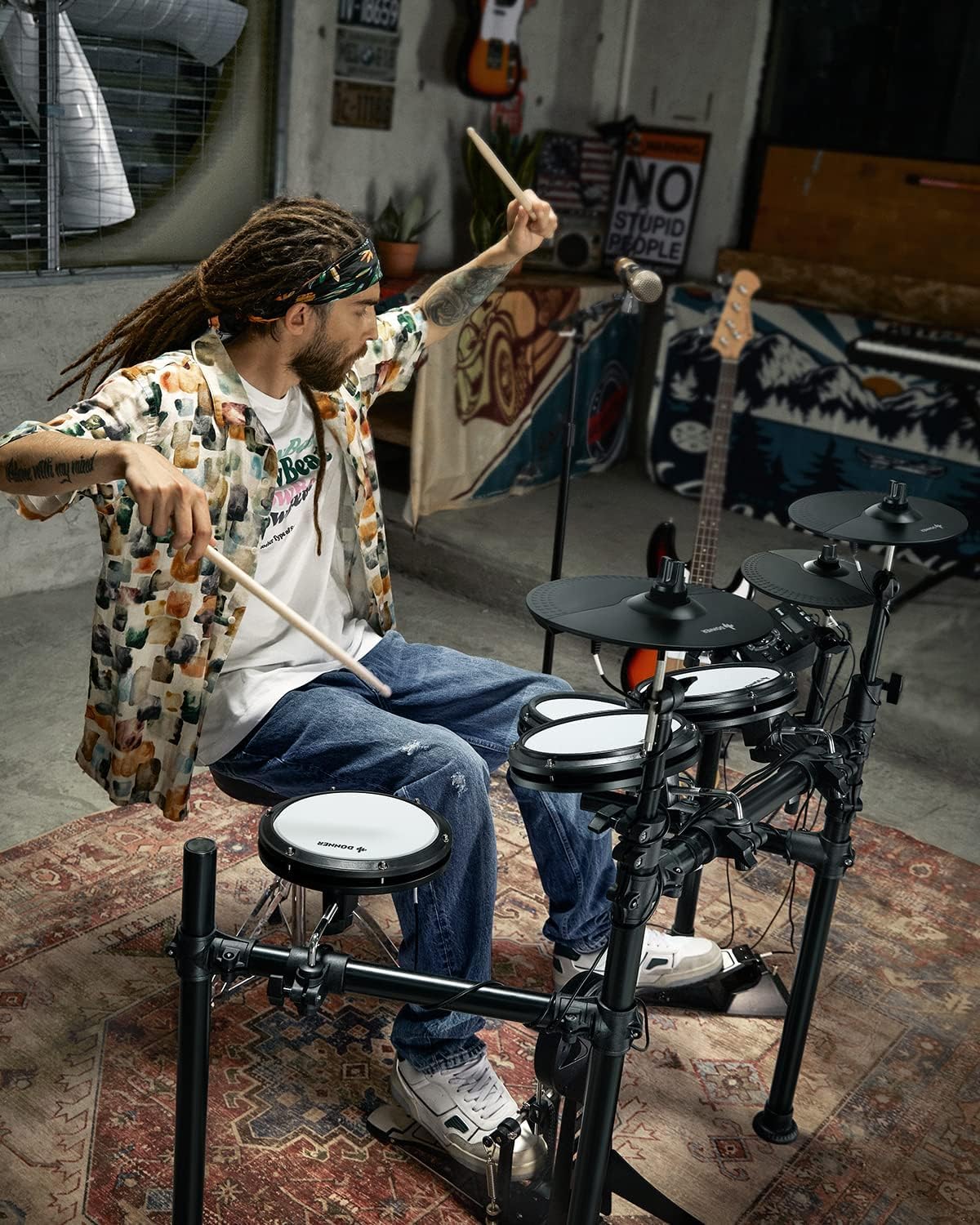 Donner DED-200X Electronic Drum Set, Electric Drum Kit with Quiet Mesh Drum Pads, 2 Cymbals w/Choke, 31 Kits and 450+ Sounds, Throne, Headphones, Sticks, USB MIDI, Melodics Lessons (5 Pads, 4 Cymbals)