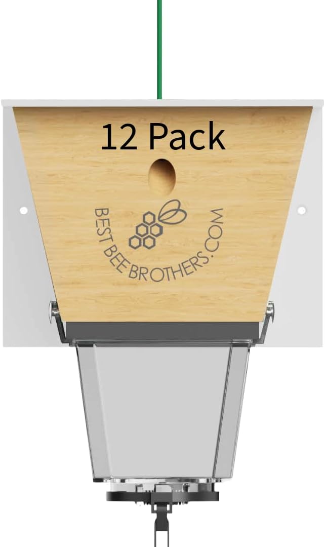 Best Bee Brothers Ultimate Pro Carpenter Bee Trap for Outside with Extra-Large, Clear External Bee Vault & Spring-Loaded Door, 4.2” D x 5.8” W x 7.5” H (12 Pack)