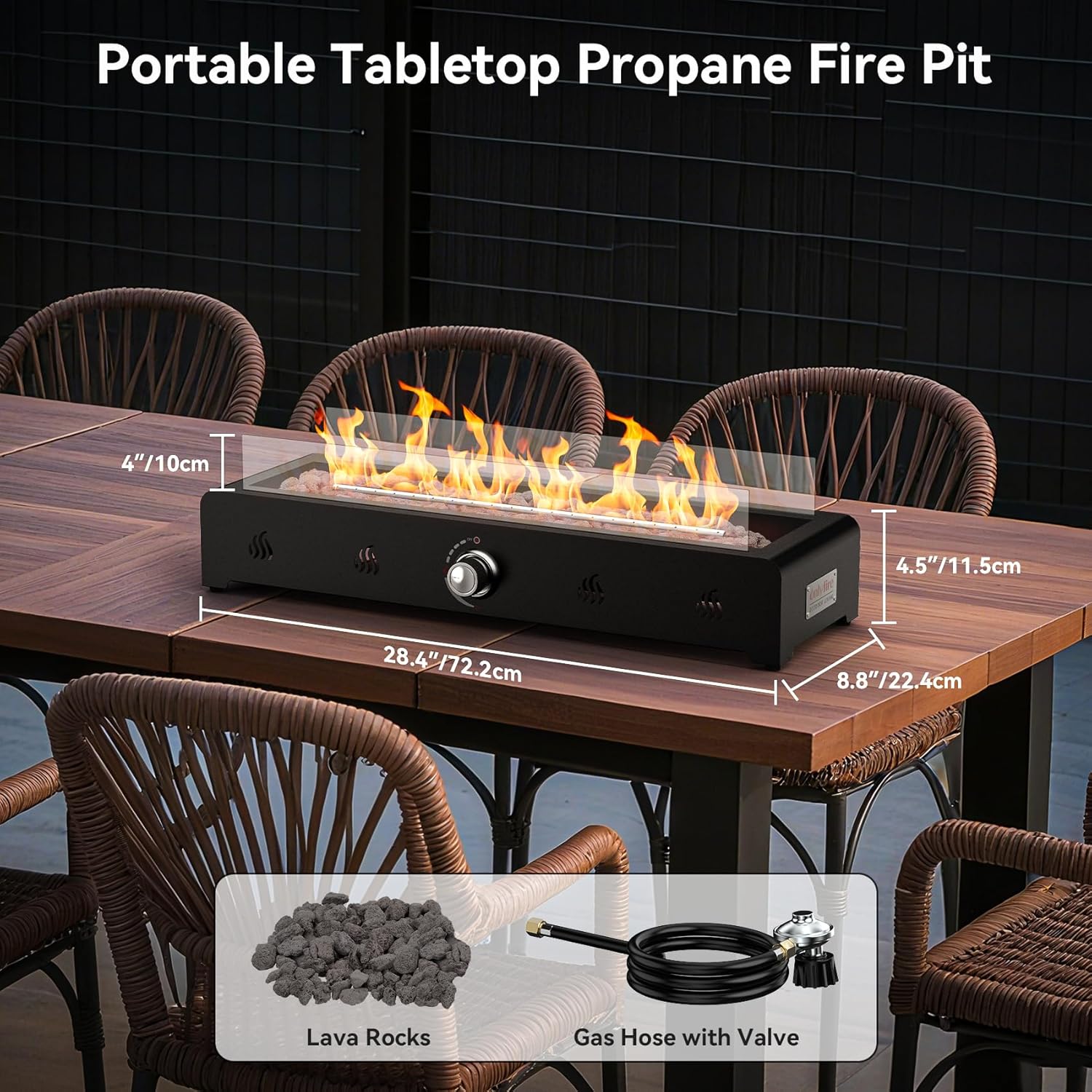Onlyfire 28'' Tabletop Fire Pit Table, Propane Gas Firepit Bottom Mounted for Table with Umbrella Hole, Glass Wind Guard and Lava Rock, Outdoor Rectangular Smokeless Fireplace