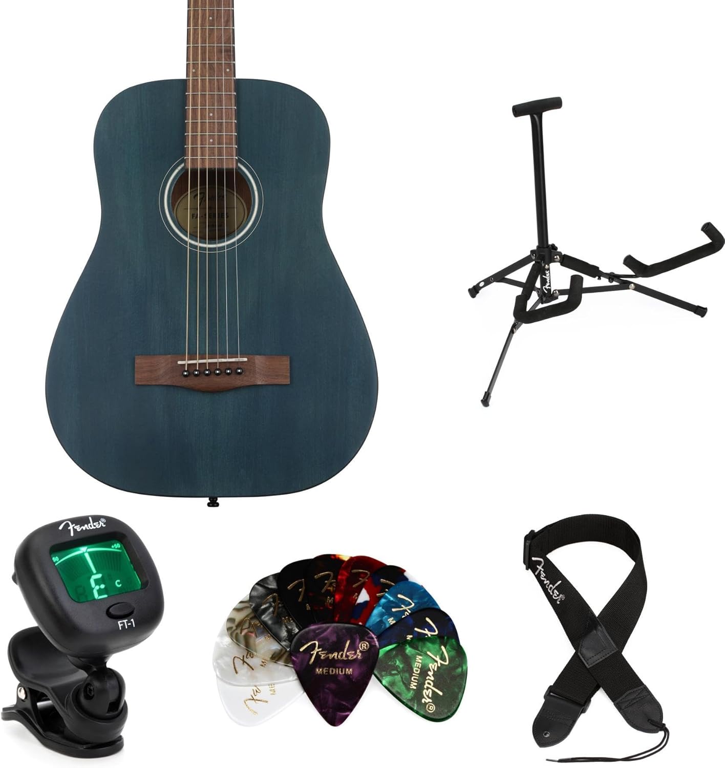 Fender FA-15 3/4 Scale Acoustic Guitar Bundle, Steel Strings, Blue - Includes Stand, Tuner, Strap, and 12 Picks, Compact Travel Guitar