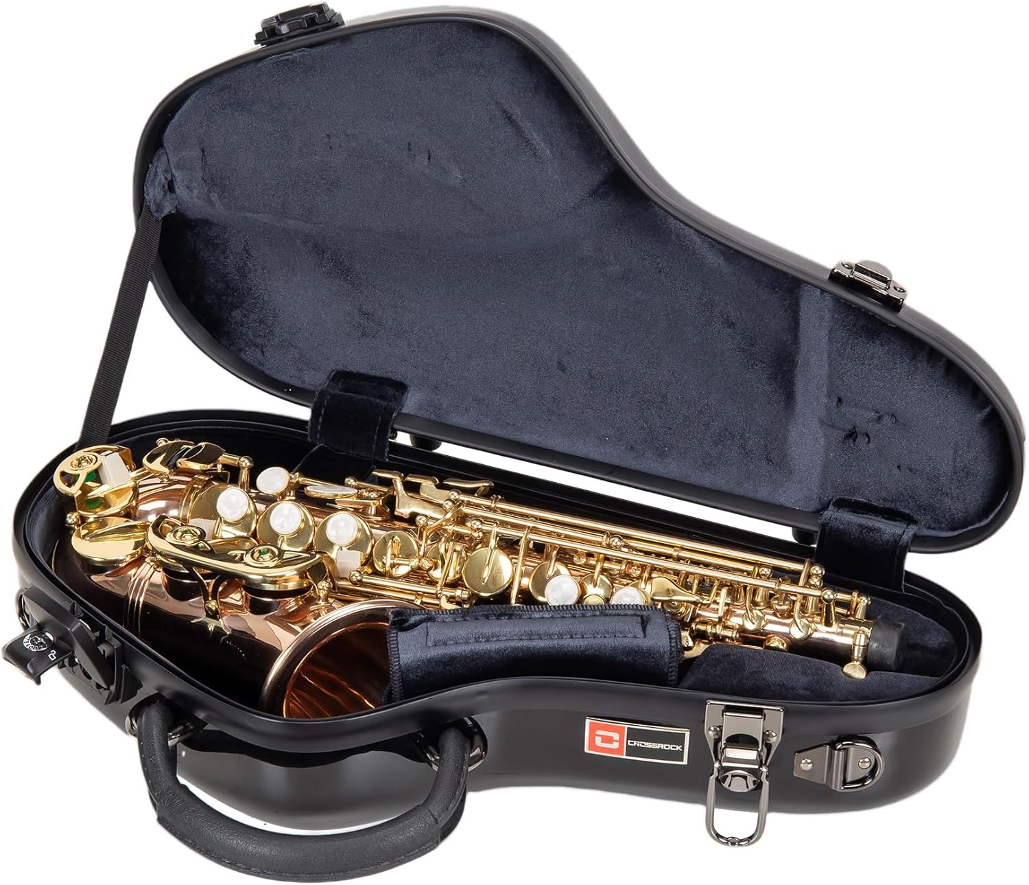Crossrock Pro-Grade Curved Soprano Saxophone Case | Jet Black Gloss, TSA Lock, Elite Protection, Detachable Backpack Straps, Accessory Pocket for Professional Musicians