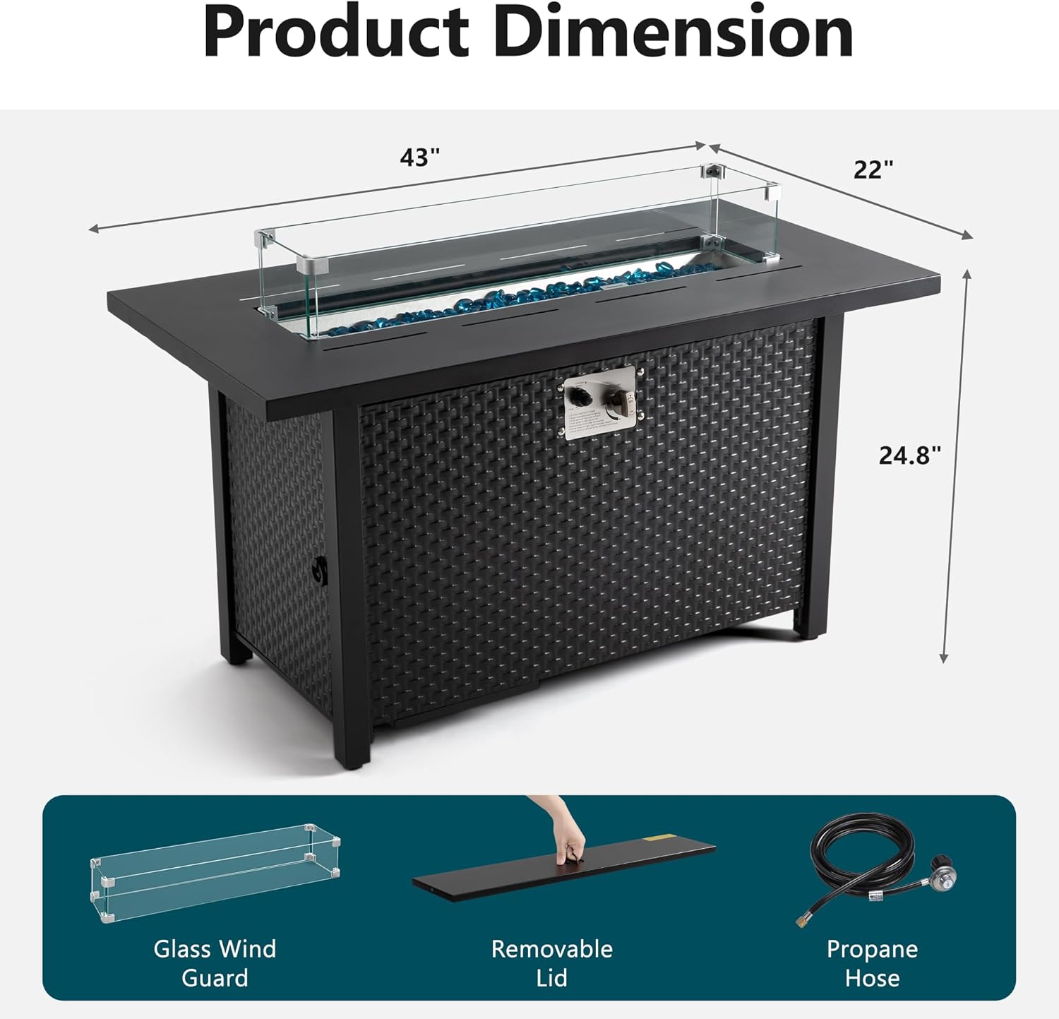 45 Inch Outdoor Propane Fire Pit Table with 200D Oxford Fabric Table Cover，50,000 BTU Gas Fire Pits for Outside Patio with Clear Blue Glass Wind Guard,Patio Fire Pit Table Iron Tabletop&Frame，Black