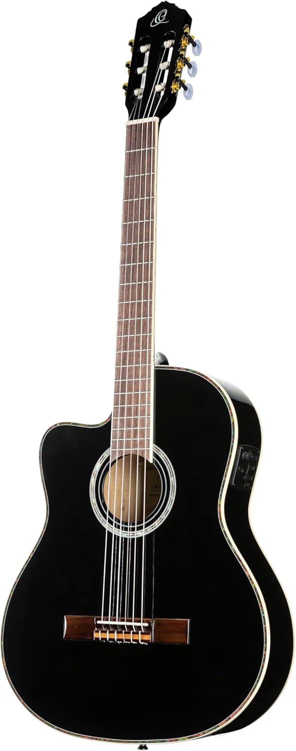Ortega Guitars 6 String Family Series Pro Left-Handed Solid Top Thinline Acoustic-Electric Nylon Classical Guitar w/Bag, (RCE145LBK)
