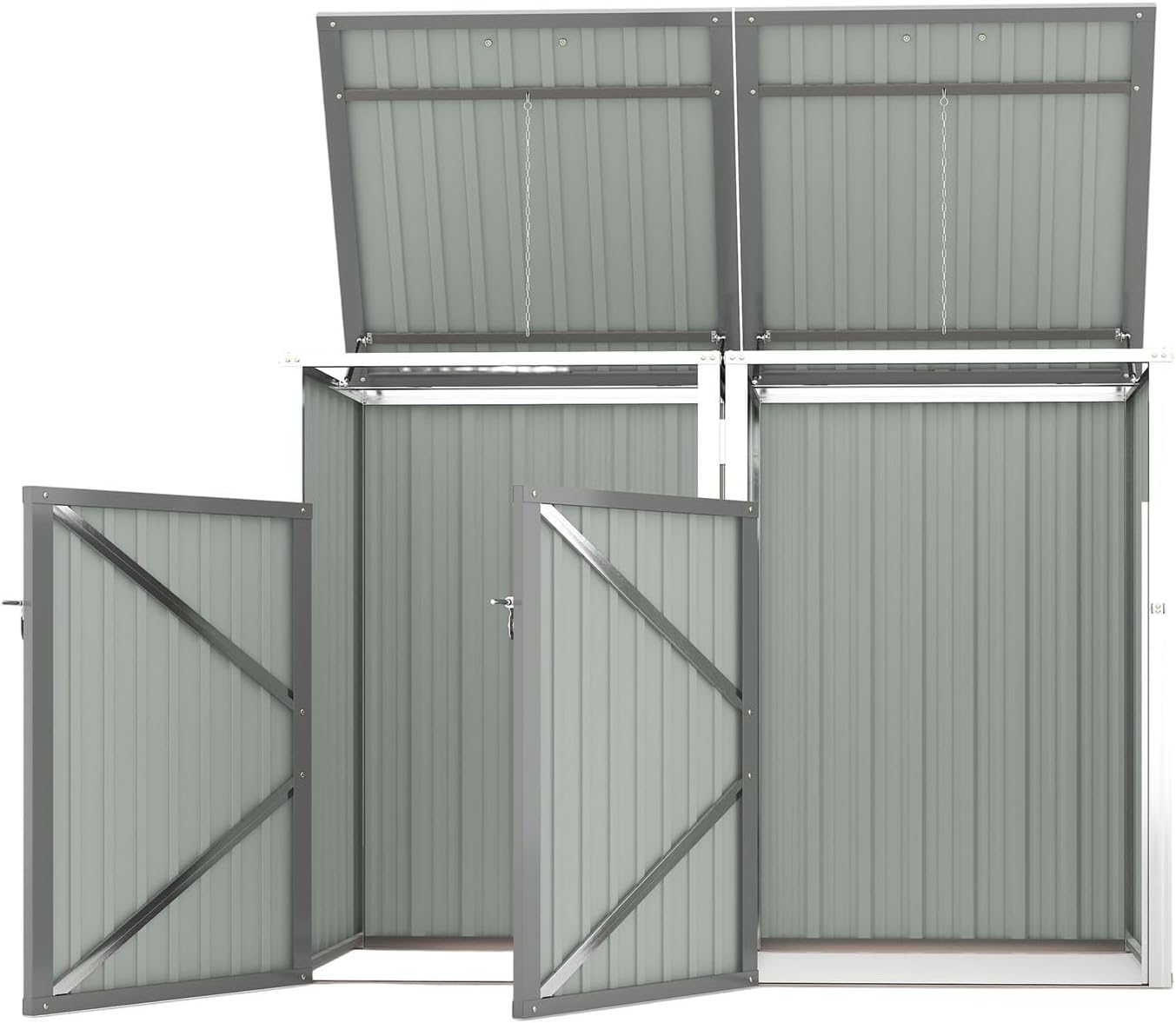 54 Cu.Ft Outdoor Trash Can Storage Shed for 2 Garbage Bins, Metal Garbage Bin Shed with Pneumatic Spring Support Rods, Galvanized Steel Outdoor Storage for Garden, Yard & Lawn Tools (Light Gray)