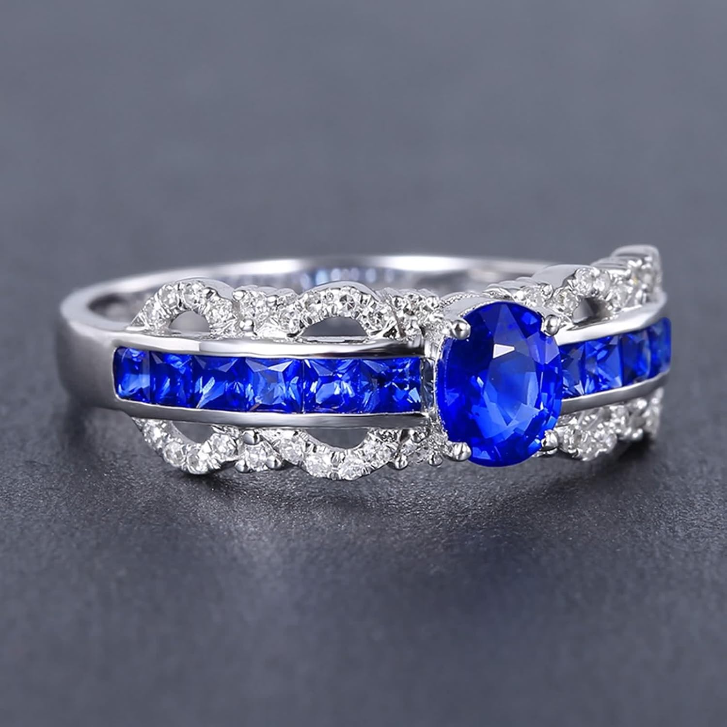 18K White Gold Ring for Women, Proposal Ring Lab Created Sapphire 4 Claws White Gold Band with Moissanite for Engagement Wedding