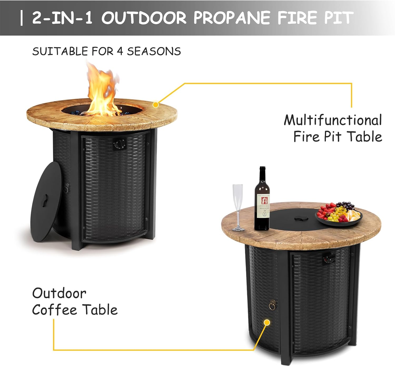 30 Inch Round Propane Fire Pit Table,50,000 BTU Iron Gas Fire Pit with Lid,Ignition Systems,w/Glass Stones and Rain Cover,Outdoor Firepit Table for Patio & Deck