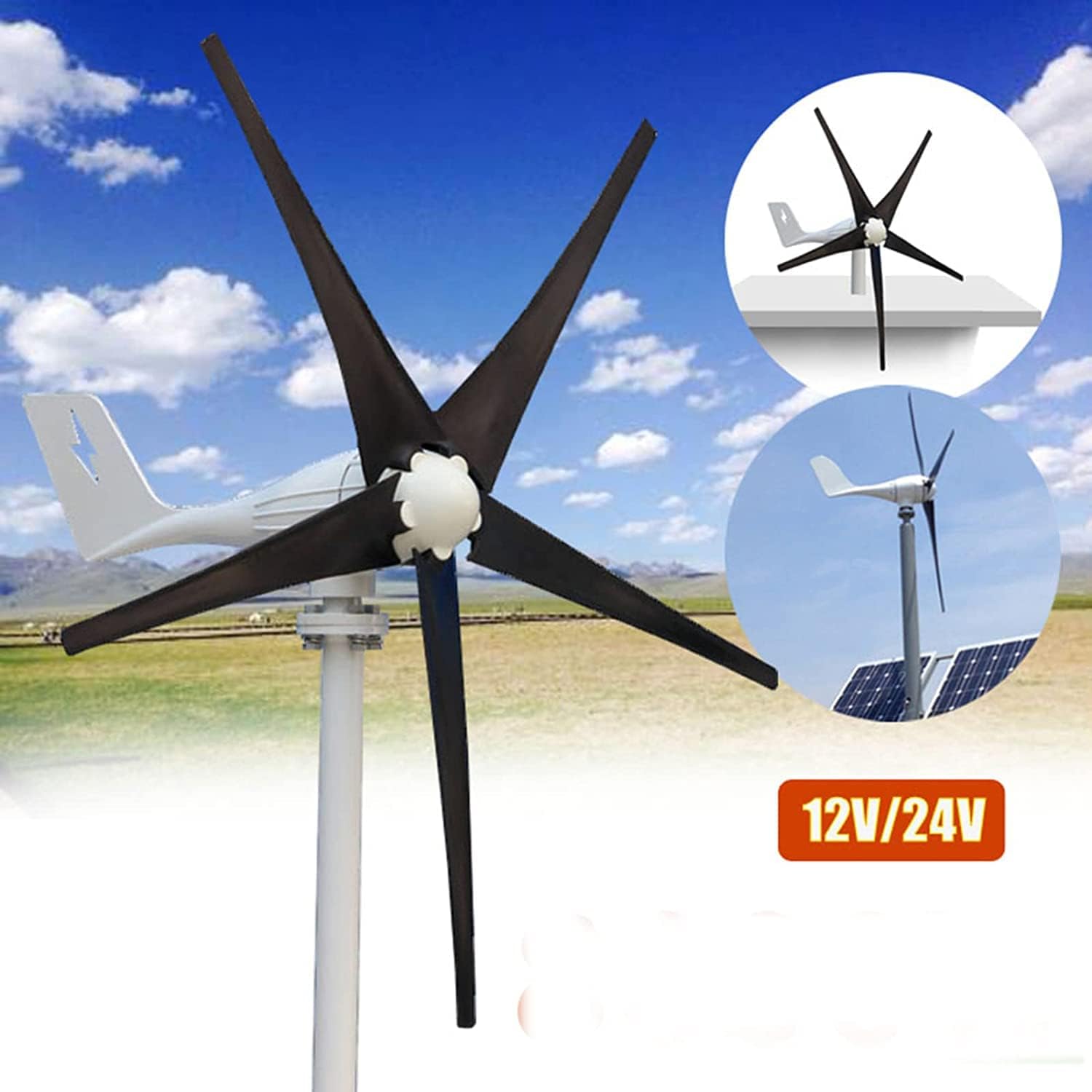 LiuSj JUnSt Wind Turbine Generator 5000W 12V 24V 48V 5 Blades Vertical Windmills Wind Turbine with Controller for Home Black,12v