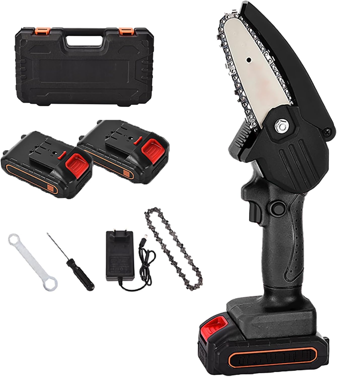 Cordless Mini Chainsaw 4-Inch - Battery-Powered Electric Pruning Saw with 2 Batteries & Charger, Portable Handheld Tool for Tree Trimming, Wood Cutting, Garden & Yard Use