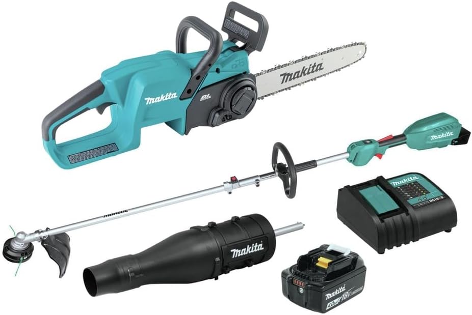 Makita XUX02SM1X3XCU11Z 18V LXT Brushless 14 in. Cordless Chain Saw and Couple Shaft Power Head Kit with 13 in. String Trimmer and Blower Attachments Bundle (4 Ah)