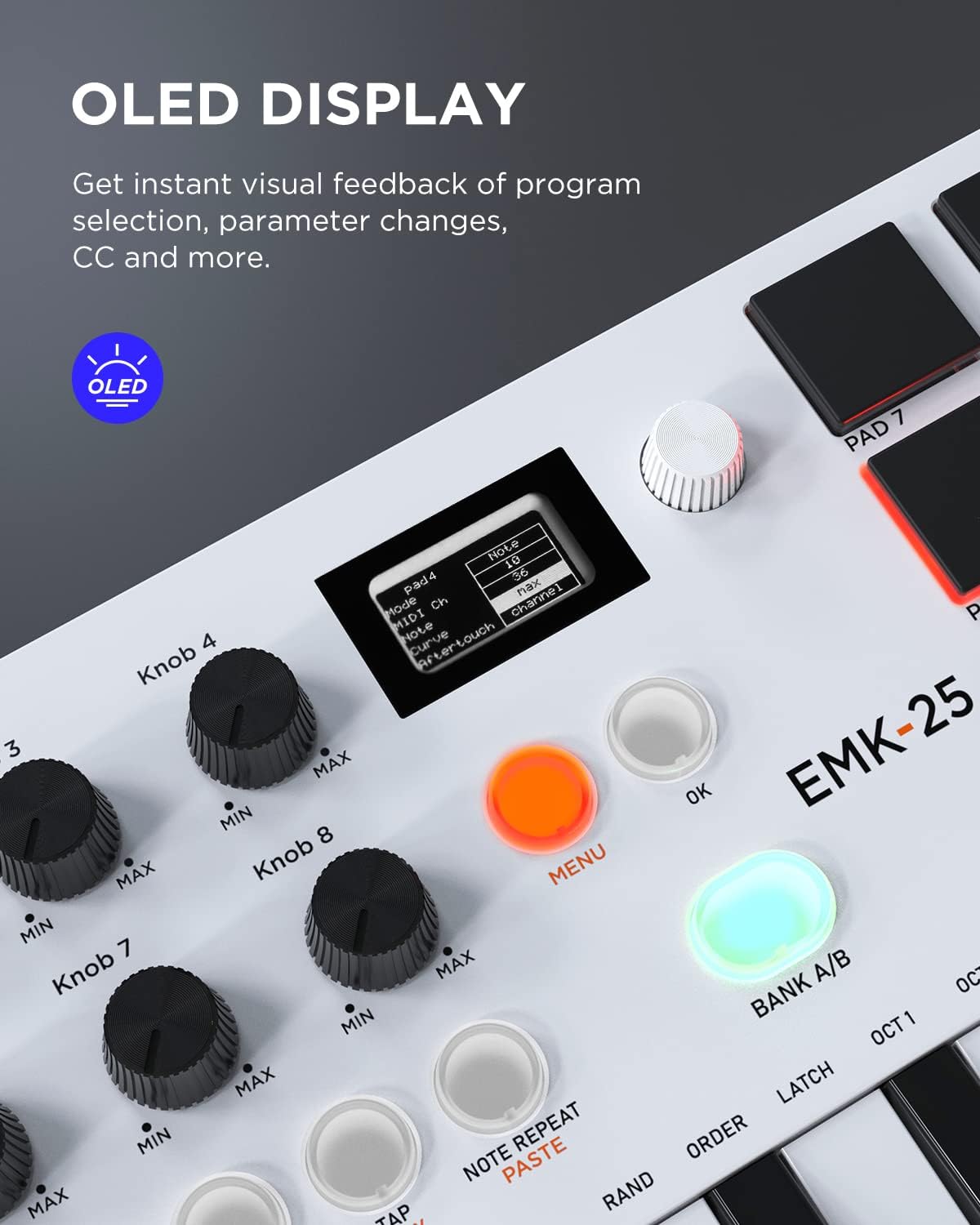 25 Key USB MIDI Keyboard Controller With Bluetooth, Professional Mini Midi Keyboard with OLED Screen, Beat Maker Machine for Music Production, Software Included, EMK-25 White