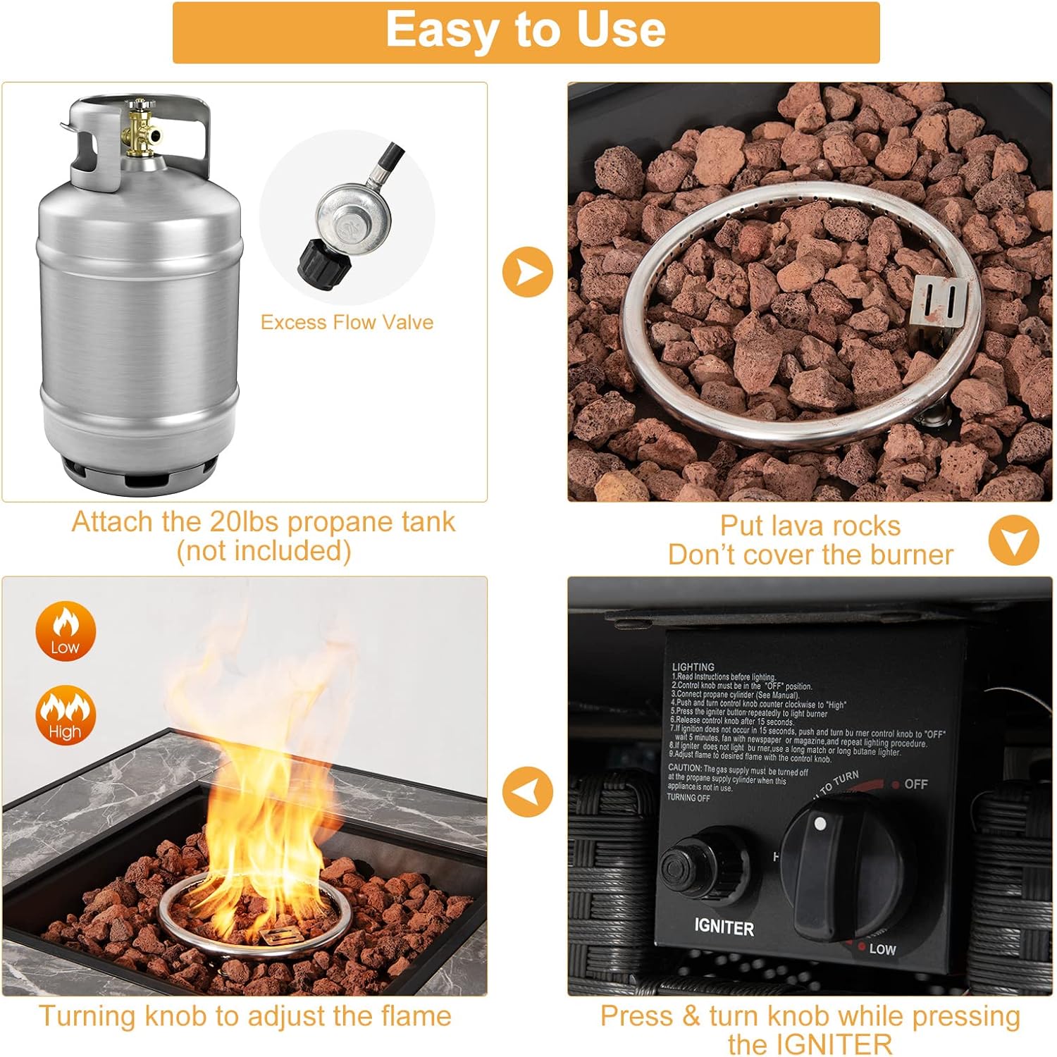 Tangkula 35 Inch Rattan Propane Gas Fire Pit Table, Patiojoy 50,000 BTU Outdoor Wicker Patio Propane Fire Pit w/Lid, Lava Rocks and PVC Cover, Auto-Ignition Square Firepit Table with Marble Tabletop