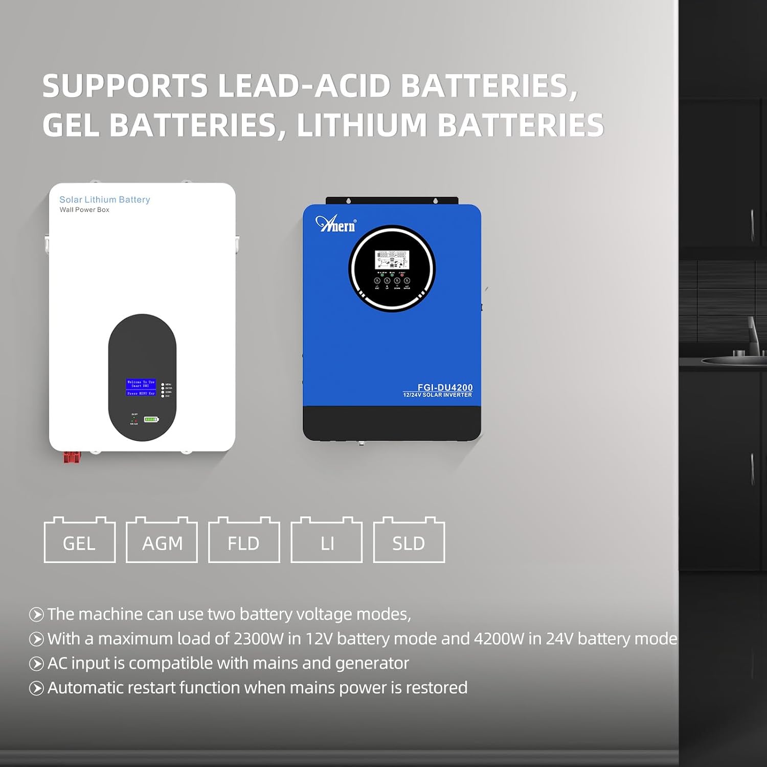 Anern Dual Voltage Hybrid Solar Inverter 4200W 24V 2300W 12V to 220-230VAC, Pure Sine Wave Off-Grid Inverter with 120A MPPT Solar Charge Controller, Fit for 12V/24V Lithium Lead-Acid Gel Battery