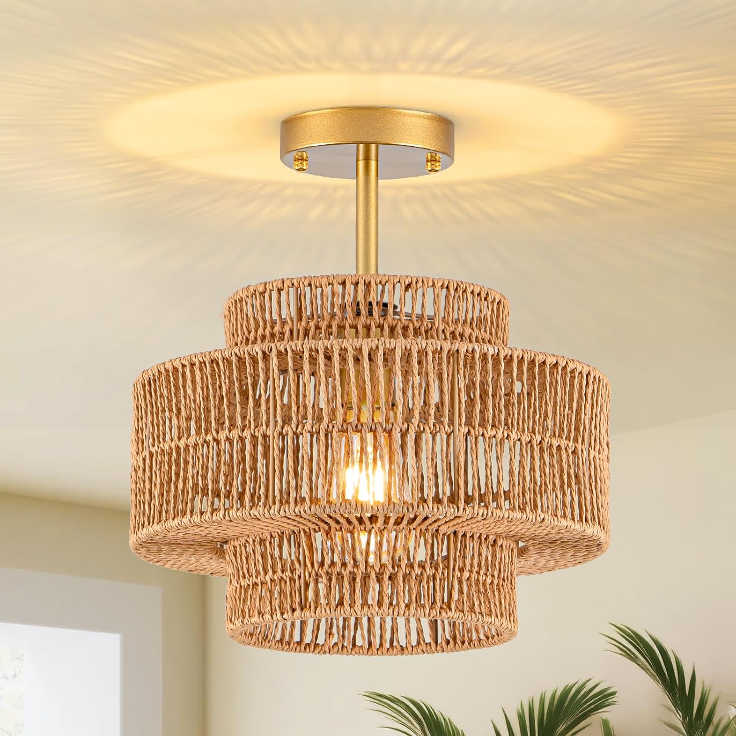 1-Light Rattan Ceiling Light Fixture, 12.4