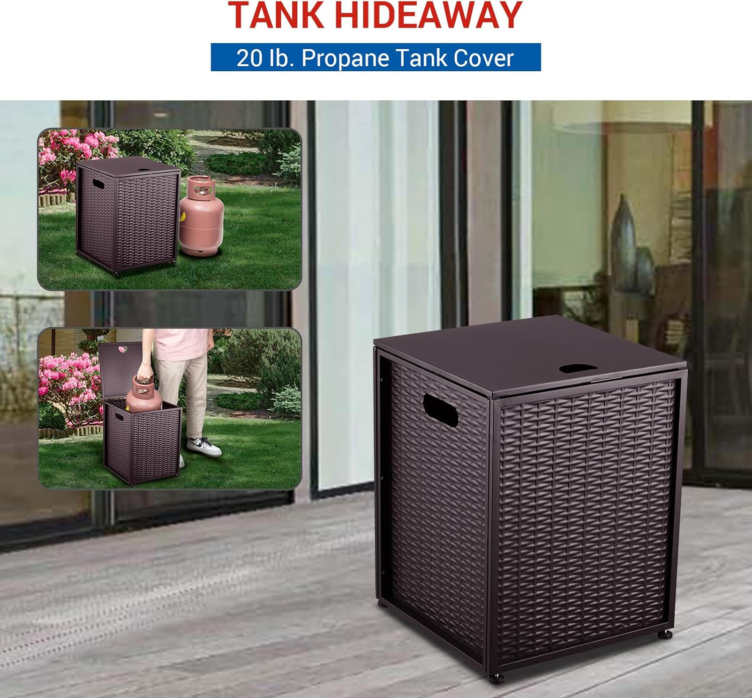 Outdoor Propane Tank Cover, 20 lbs Tank Side Table with Side Handles, Weatherproof Gas Tank Holder Storage Box, 16