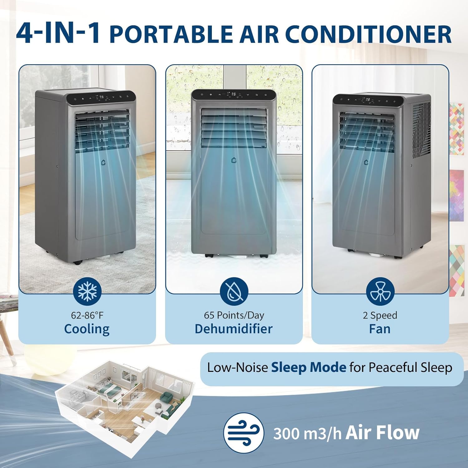 10000 BTU Portable Air Conditioners, 4-In-1 Portable AC Unit for Rooms Up to 450 Sq. Ft, Dehumidifier, Fan, Energy Saving, Remote Control, 24 Hour Timer, Sleep Mode, for Bedroom/Office,Grey