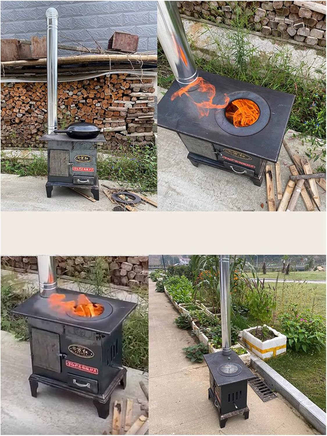 Portable Mobile Wood-Burning Heating Stove,Large Deck Or Patio Firepit, Indoor/Outdoor Smokeless Cast Steel Stove for Cooking,Large Capacity Barbecue Box,Rural Heater,56×35CM
