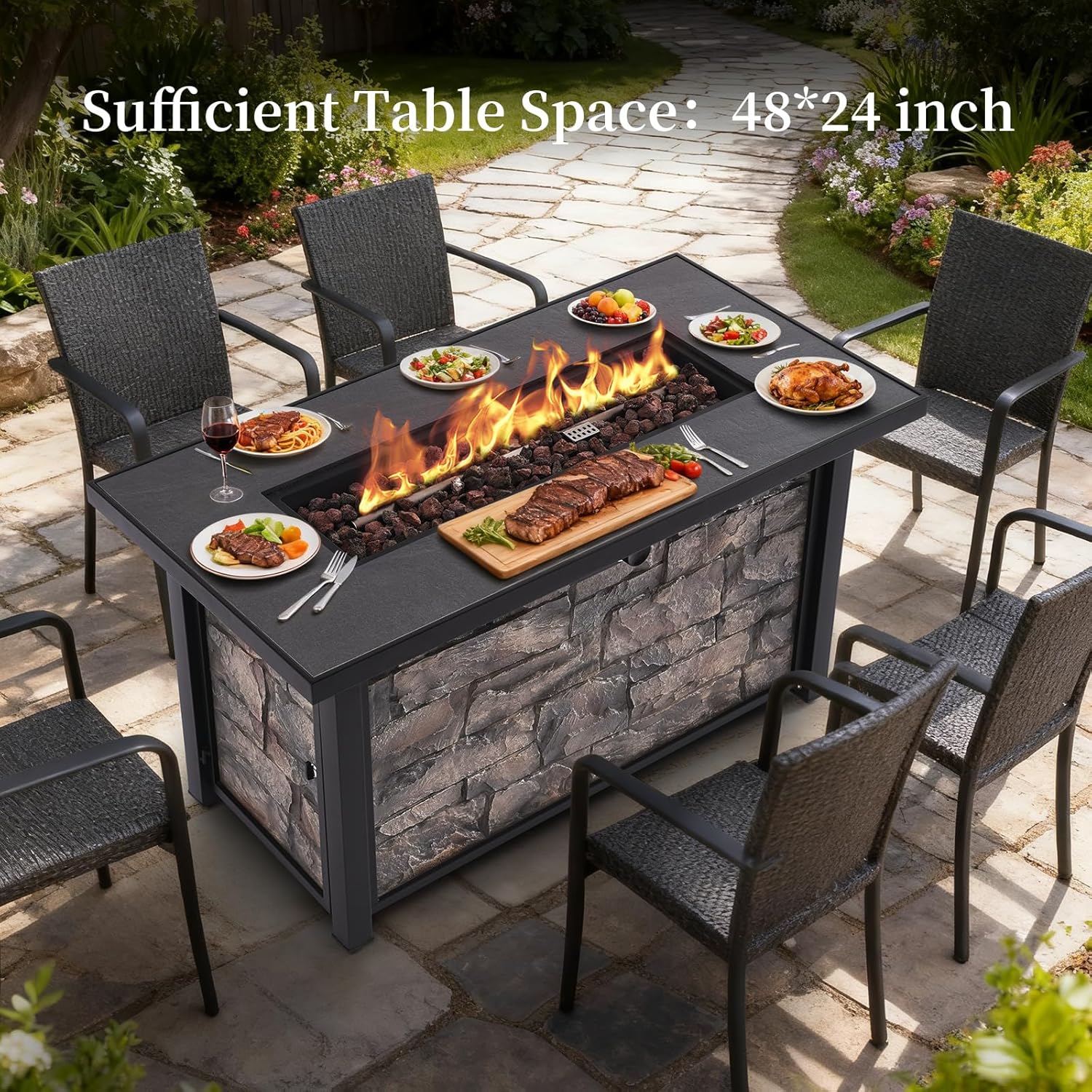 48'' Propane Fire Pit Table, 50000 BTU Outdoor Gas Fire Pit, Patio Heater with Stone Panel, Ceramic Tabletop & Aluminum-Coated Steel Tube Legs, Lava Rocks, Metal Lid and Rain Cover for Outside Patio