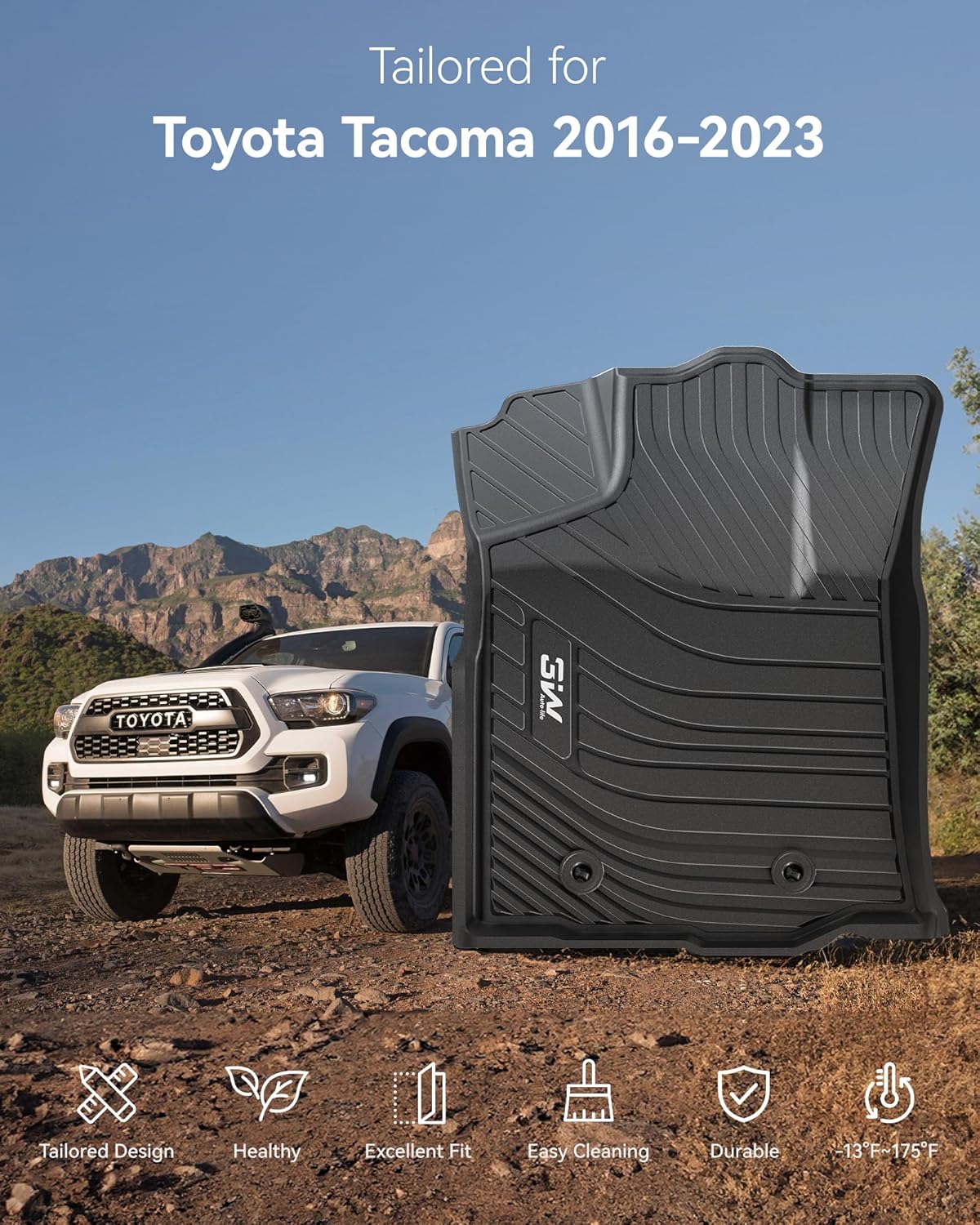 3W Floor Mats Fit Toyota Tacoma 2016-2023 (Only for Double Cab and Automatic), TPE All Weather Custom Fit Floor Liner for Toyota Tacoma SR/SR5/TRD/Limited/Trail Accessories Car Liners, Black