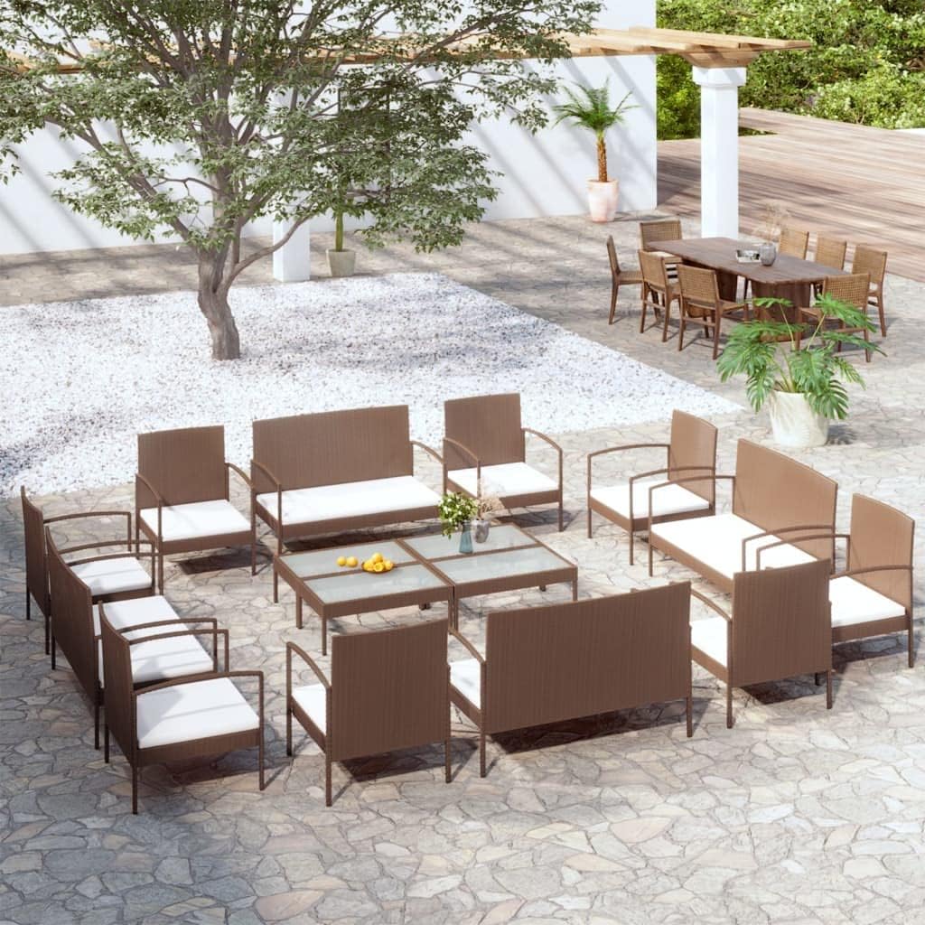 16 Piece Patio Lounge Set with Cushions Poly Rattan Brown, Patio Furniture Sets, Outdoor Furniture