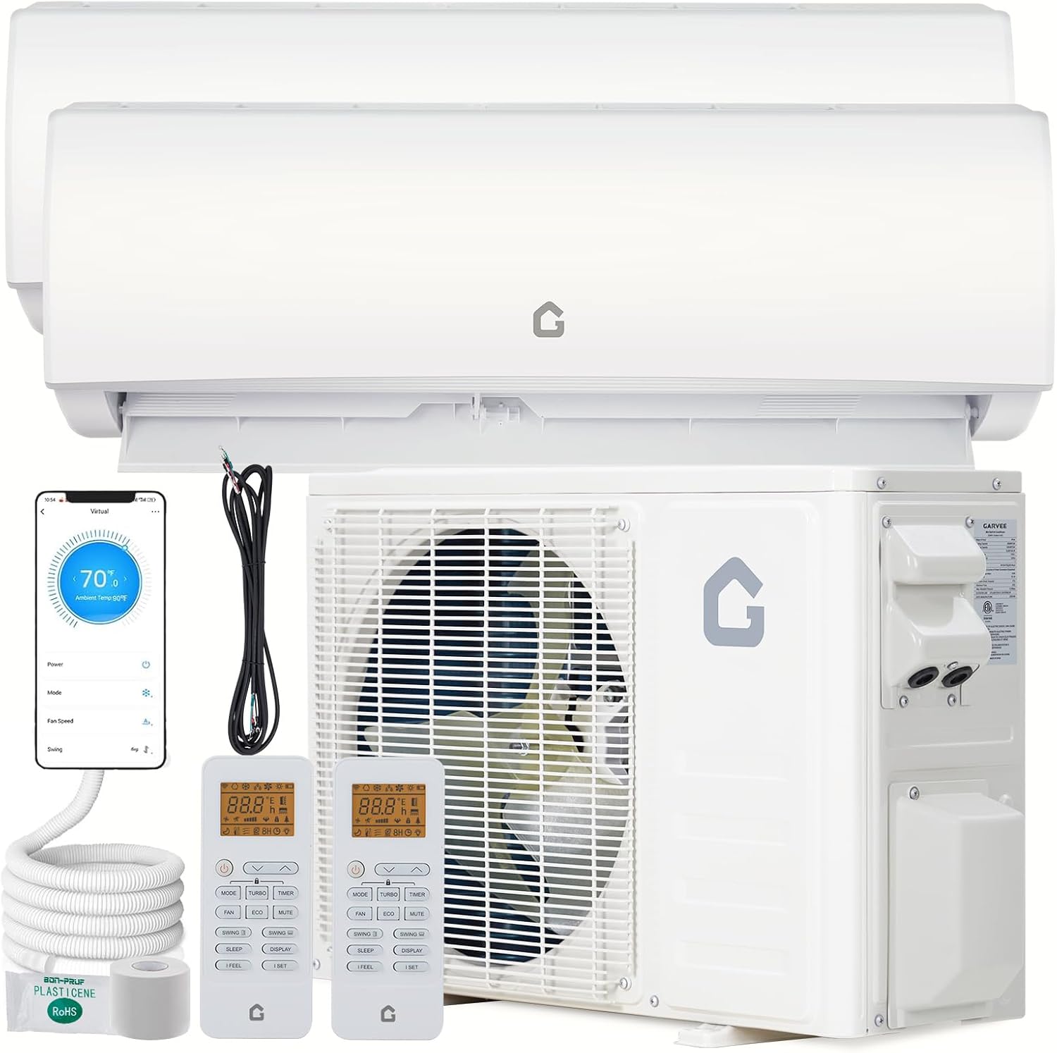 GarveeHome 2 Zone Mini Split AC/Heating System 28000 BTU (12K+12K), 20 SEER2 Dual Zone Ductless Wall Mounted Air Conditioner with Pre-Charged Condenser, 208-230V, Not Include Copper Tube Line Set