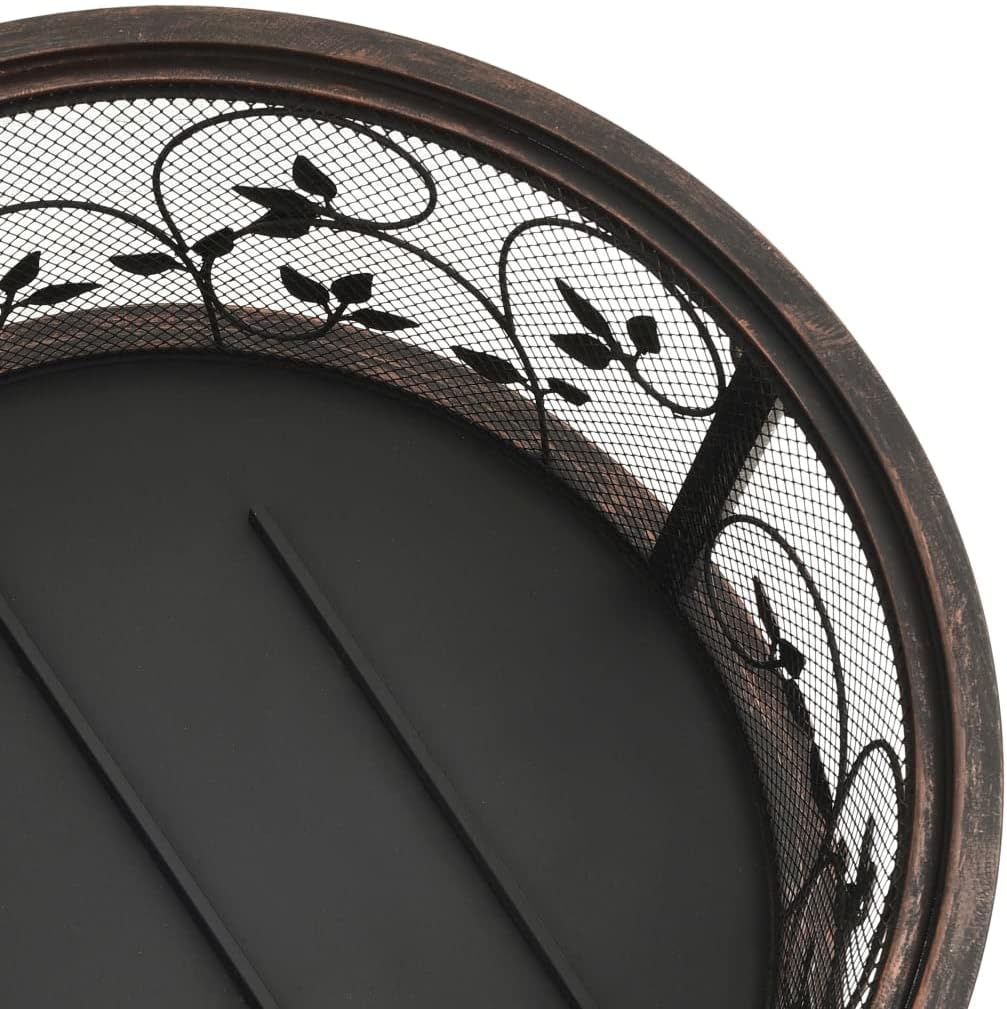 vidaXL ic Fire Pit with Poker, XXL Size, Outdoor Steel Fireplace with Mesh Lid & Ring, Brown and Black.