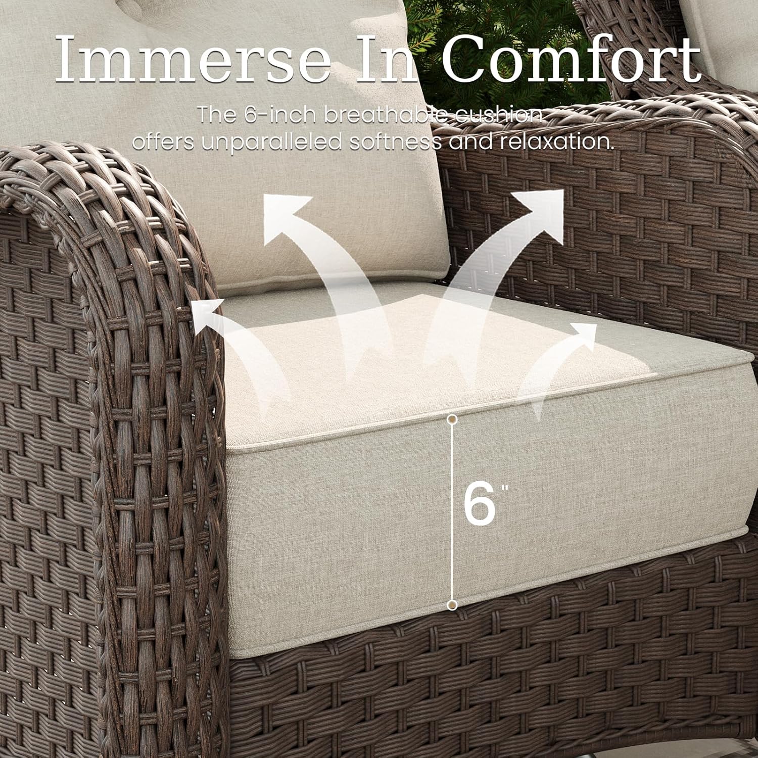 8 Piece Patio Furniture Set with Fire Pit Table, All-Weather Wicker Outdoor Conversation Set with Swivel Rocking Chair and 6 Inch Thick Cushions