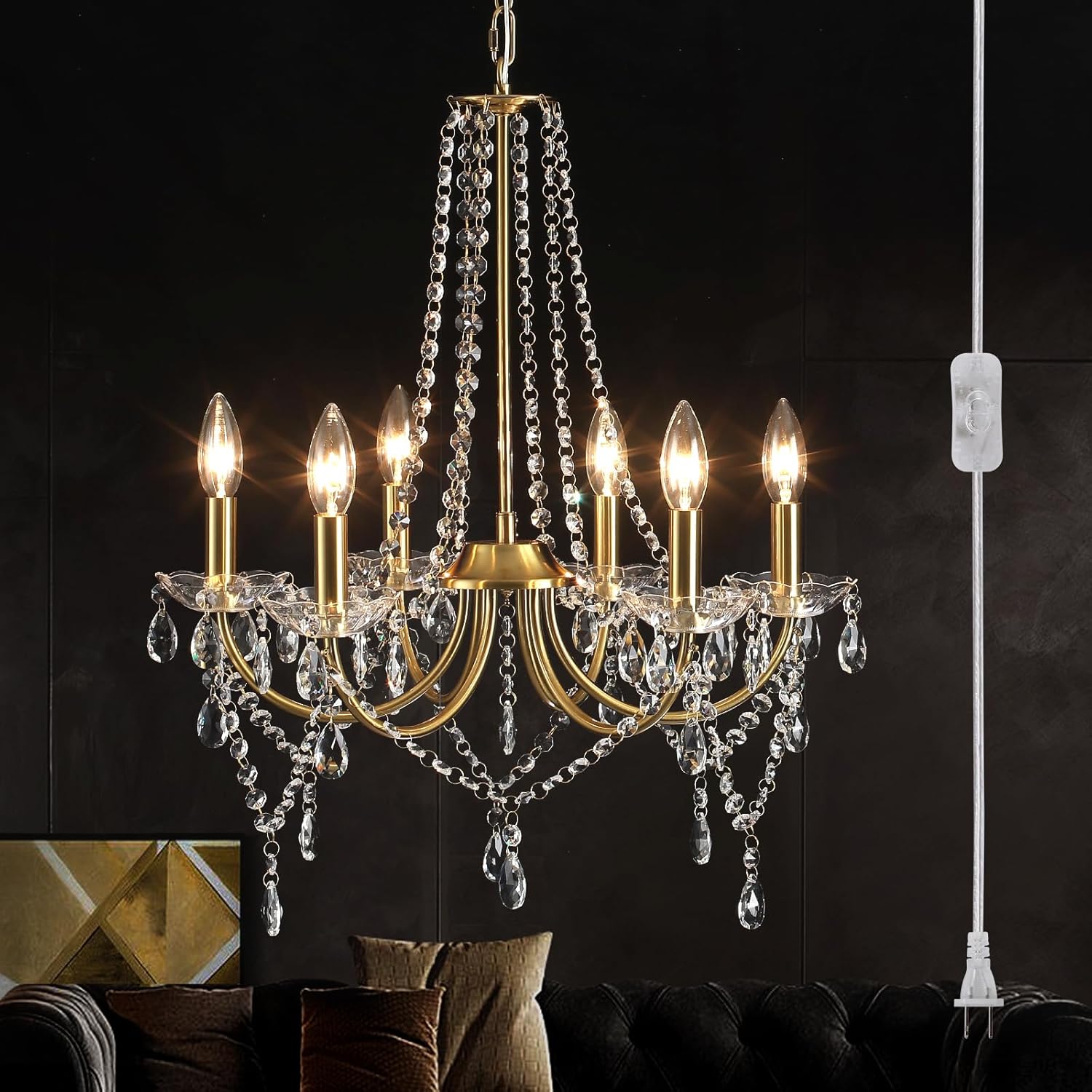 Plug in Gold Crystal Chandelier Lighting with Long Cord, 6-Light Modern Plug Chandelier Crystal Plug in Pendant Light, Classic Hanging Light Fixture for Dining Room Bedroom Living Room Kitchen Closet