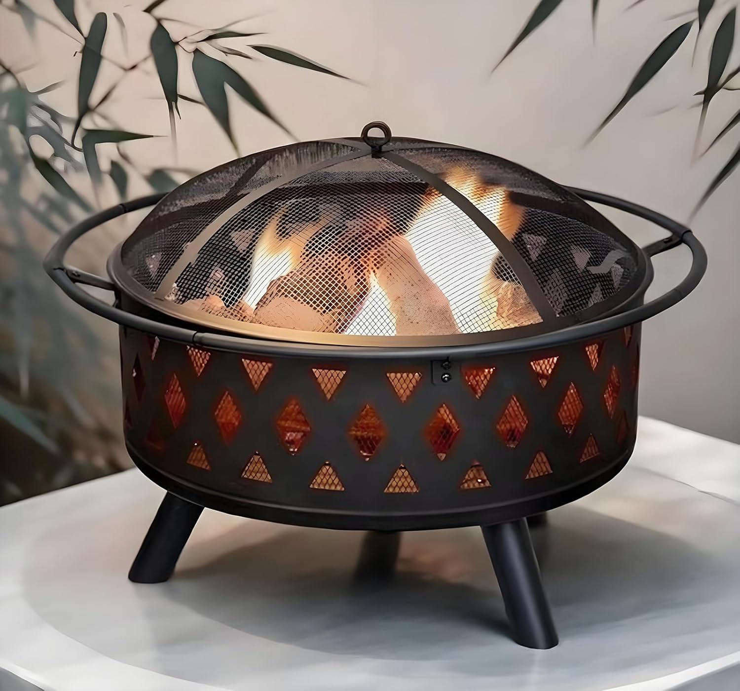 Round fire Pit with net Cover, fire Poker, Diamond mesh, Metal Wood Burning Outdoor fire Pit, Suitable for courtyards, backyards, Gardens, Bonfire Parties, Christmas, Thanksgiving, Halloween