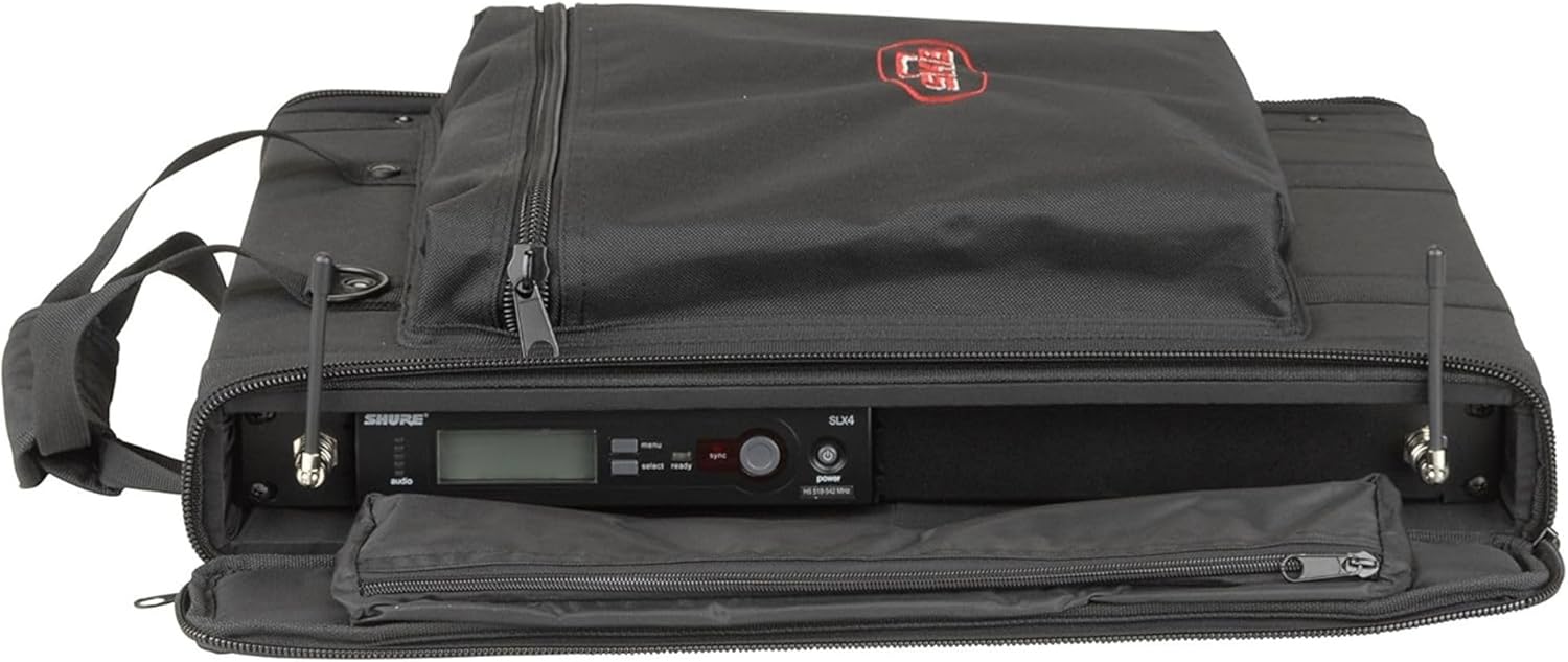 SKB Cases 1U Soft Rack Case for Wireless Microphone Systems with Steel Rails, Heavy Duty Zippers, Outer Pocket and Shoulder Straps, Black