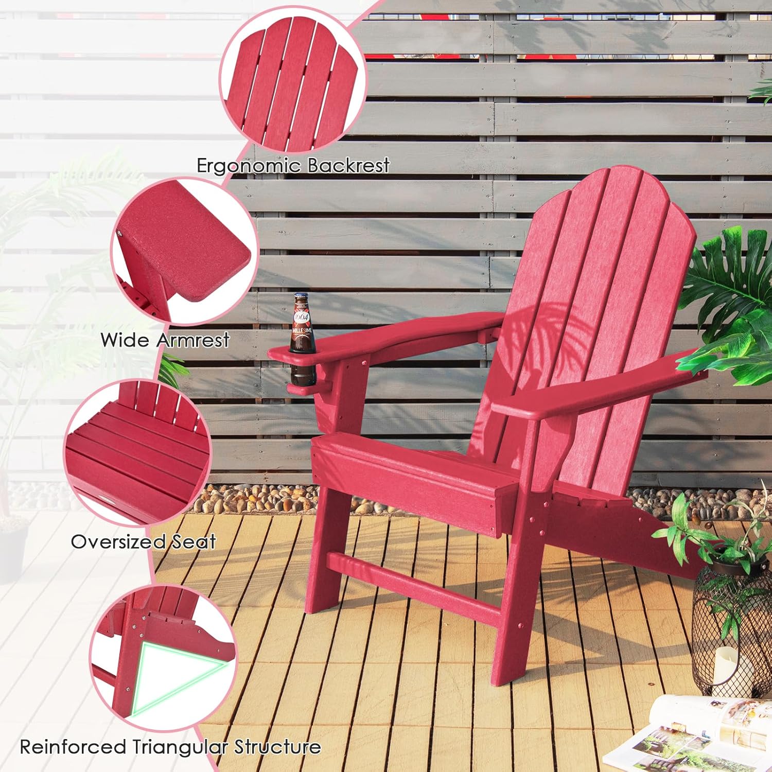 Giantex Adirondack Chair, HDPE All-Weather Patio Chair with Built-in Cup Holder, Outside Composite Chairs, Lawn Chair for Campfire, Deck, Garden, Yard, Balcony, Outdoor Fire Pit Chairs (4, Red)