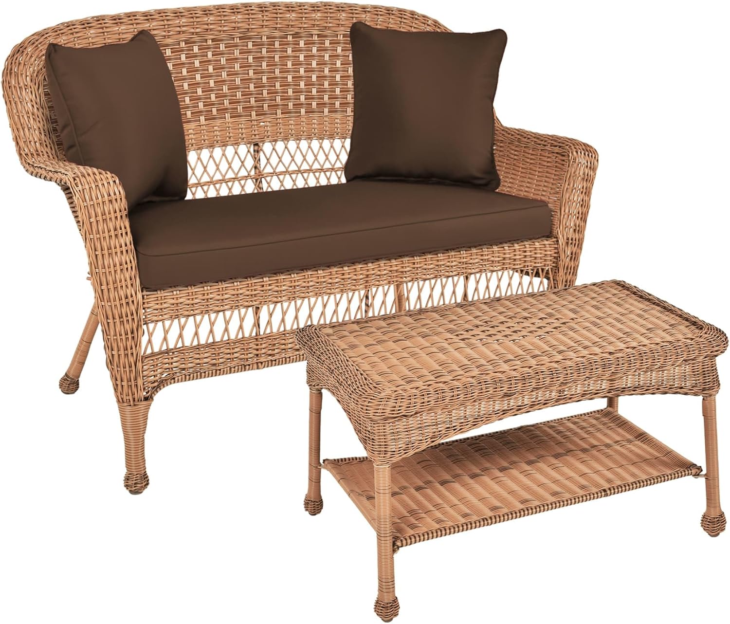 Jeco Wicker Patio Love Seat and Coffee Table Set with Brown Cushion, Honey