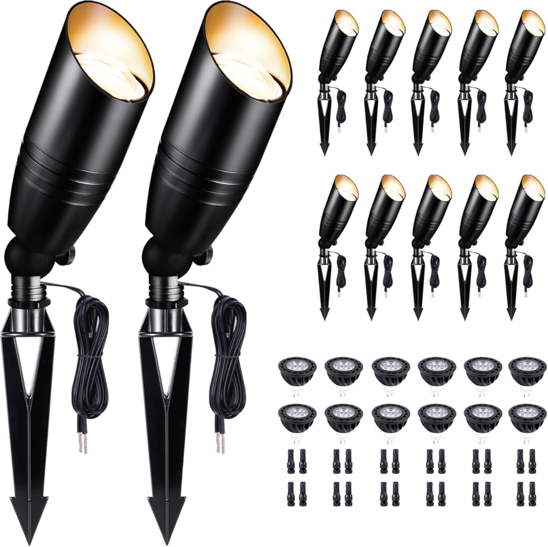 Landscape Spotlights, Black Low Voltage LED Outdoor Lighting, IP65 Waterproof Aluminum uplight for Yard House Porch with 5W MR16 Bulb 2700K 12 Pack