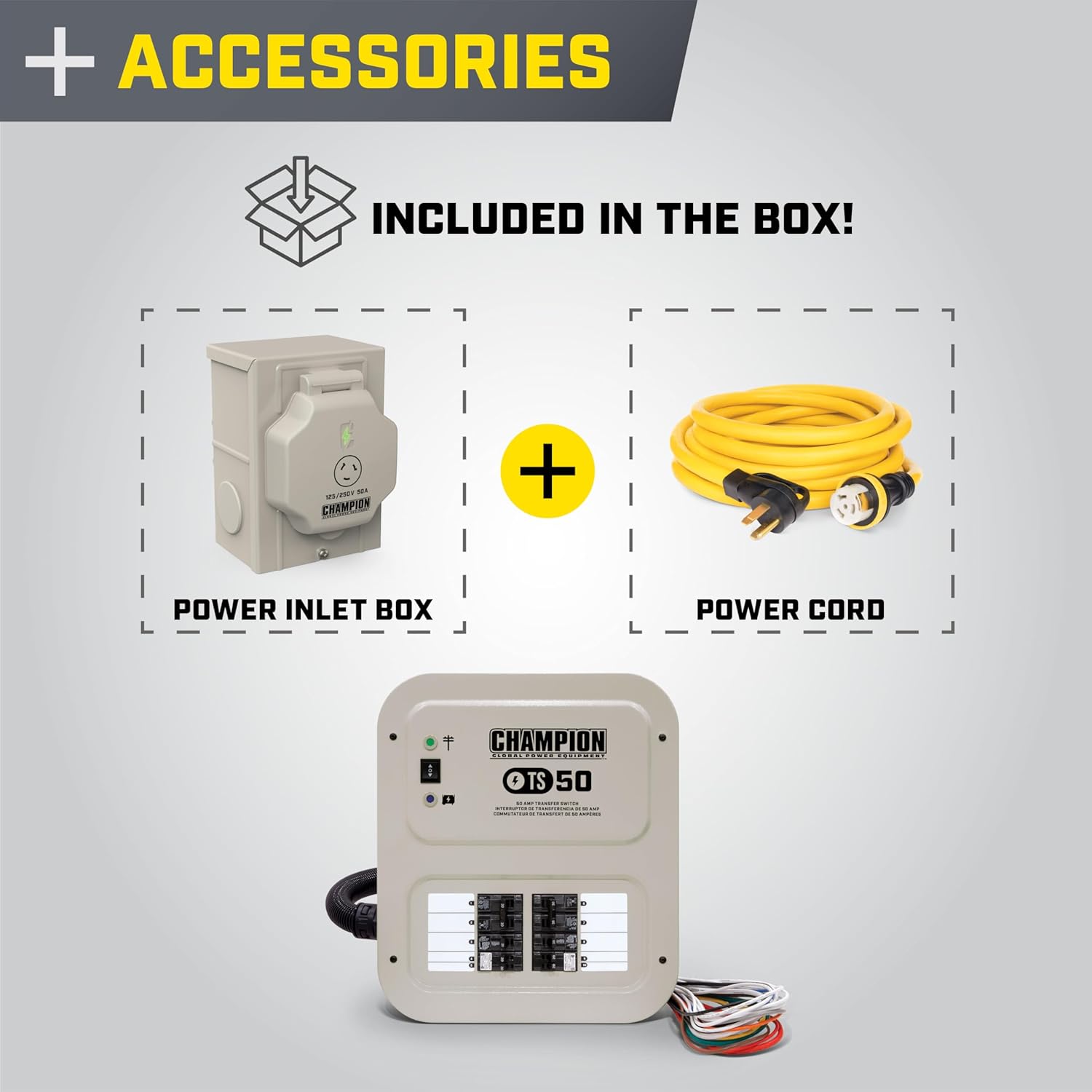 Champion Power Equipment 50-Amp Indoor-Rated Manual Transfer Switch with 30-Foot Generator Power Cord and Weather-Resistant Power Inlet Box