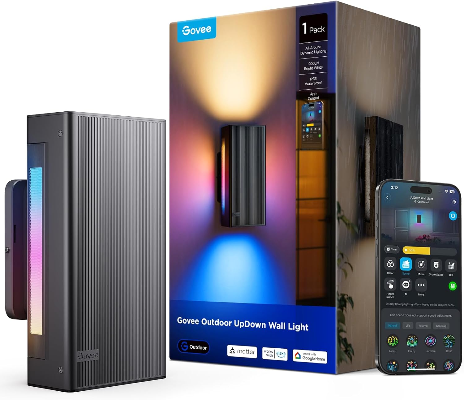 Govee Outdoor UpDown Wall Light, 1 Pack, 1200LM RGBICWW Smart Porch Lights Outdoor with 64 Scene Modes, IP66 Waterproof Wall Sconce for Outdoor Decor, Works with Alexa, Google Assistant and Matter