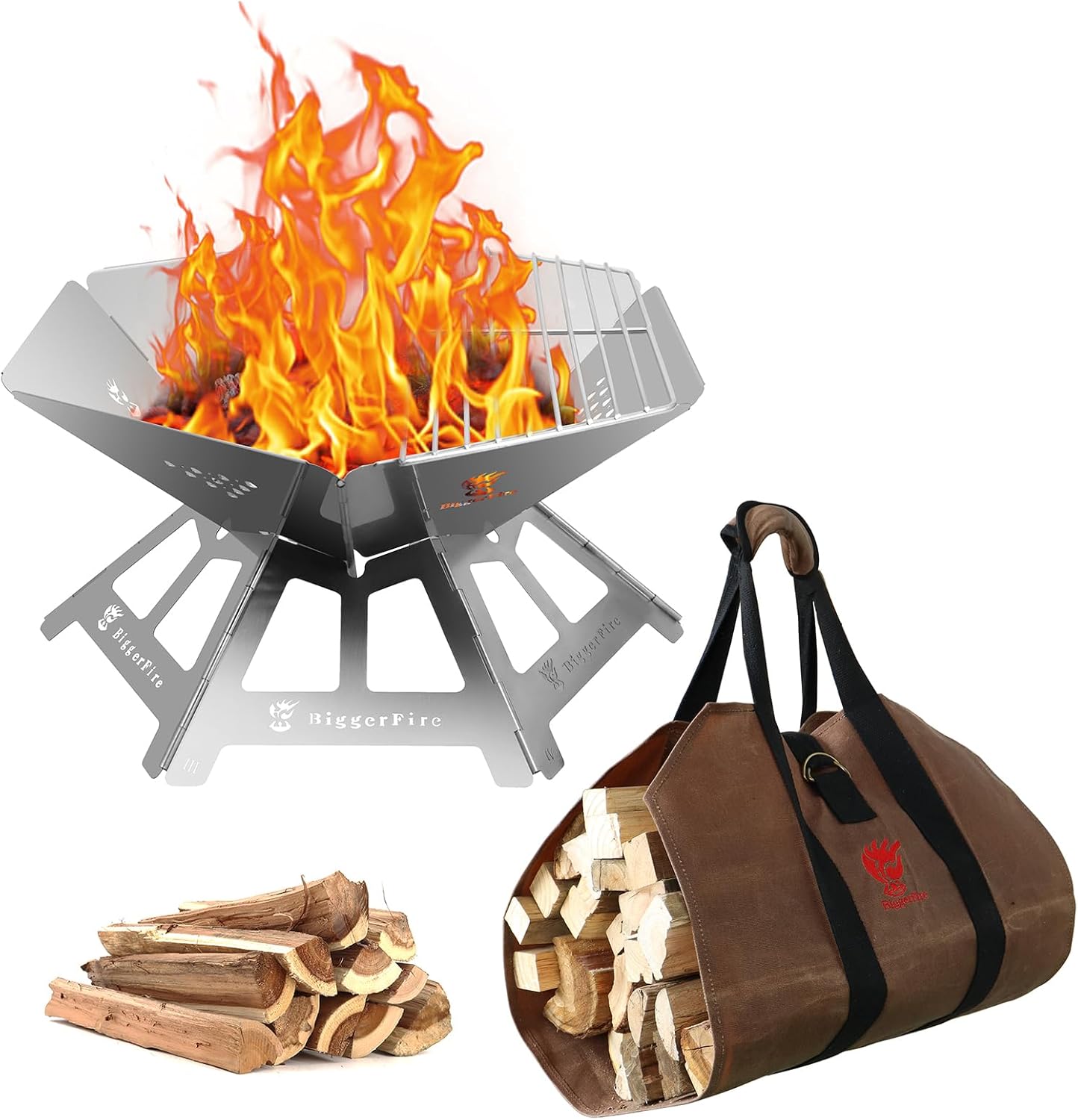 Foldable Portable Fire Pit,Stainless Steel Fire Pits with Charcoal Grill Net and Storage Bag and Firewood Carrier Bag 38x18 Inches Waxed Canvas Log Carrier Tote