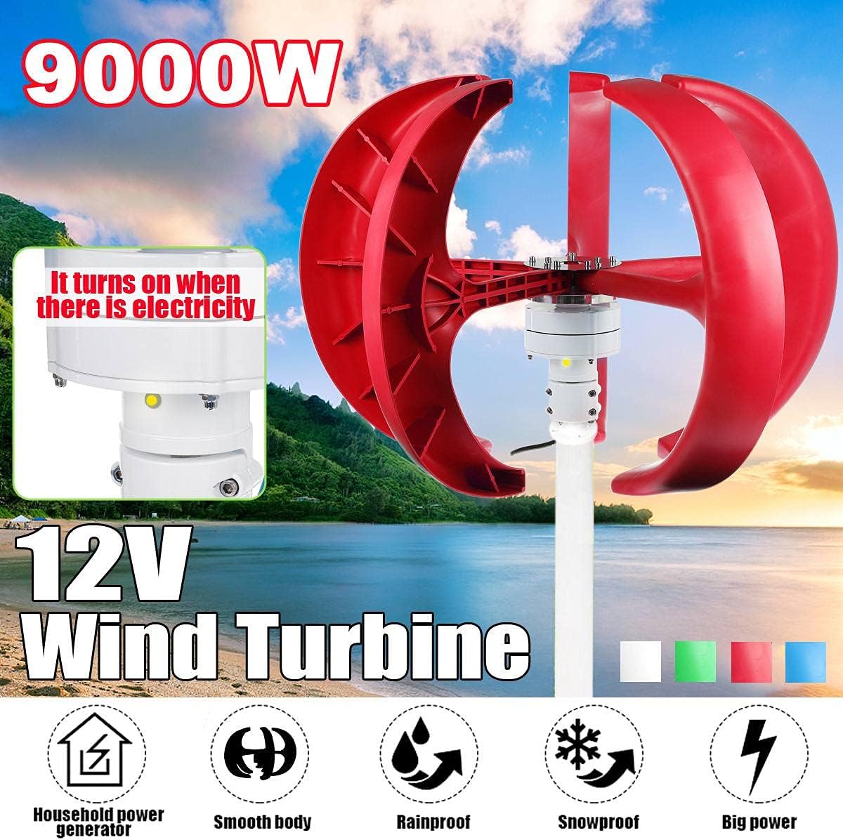 9000W Vertical Axi Wind Turbines Generator Lantern 5 Blades 12V Motor Kit for Home Hybrids Streetlight Electromagnetic